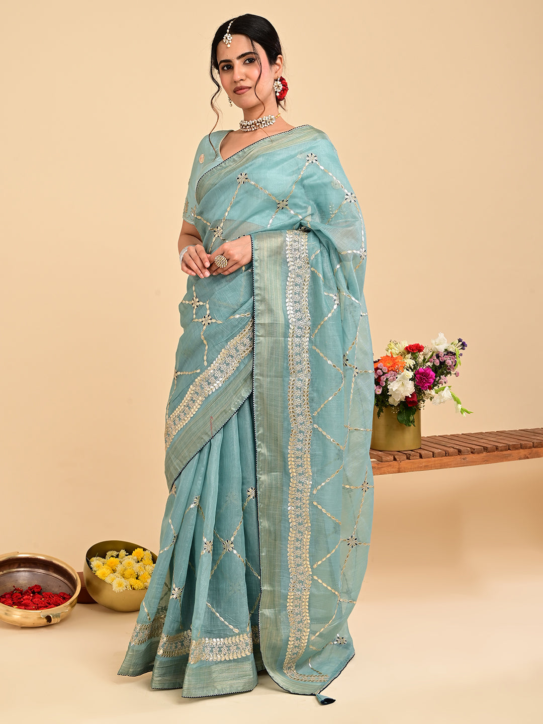 Embroidered Gota Patti Chanderi Saree