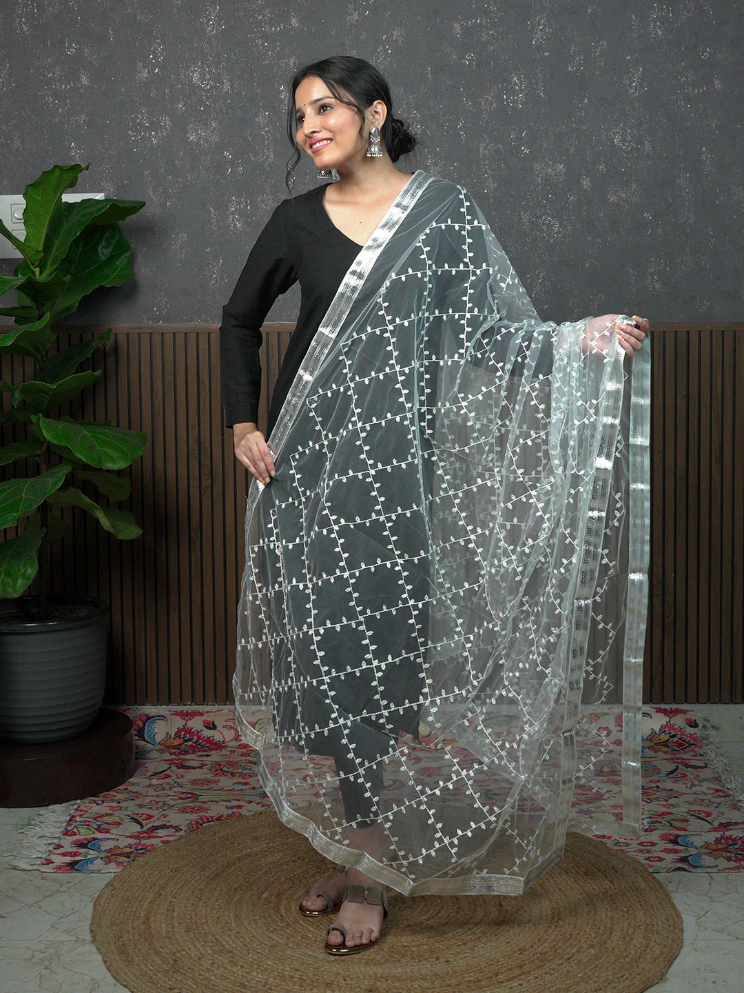Jaal Embroidery Net Dupatta
