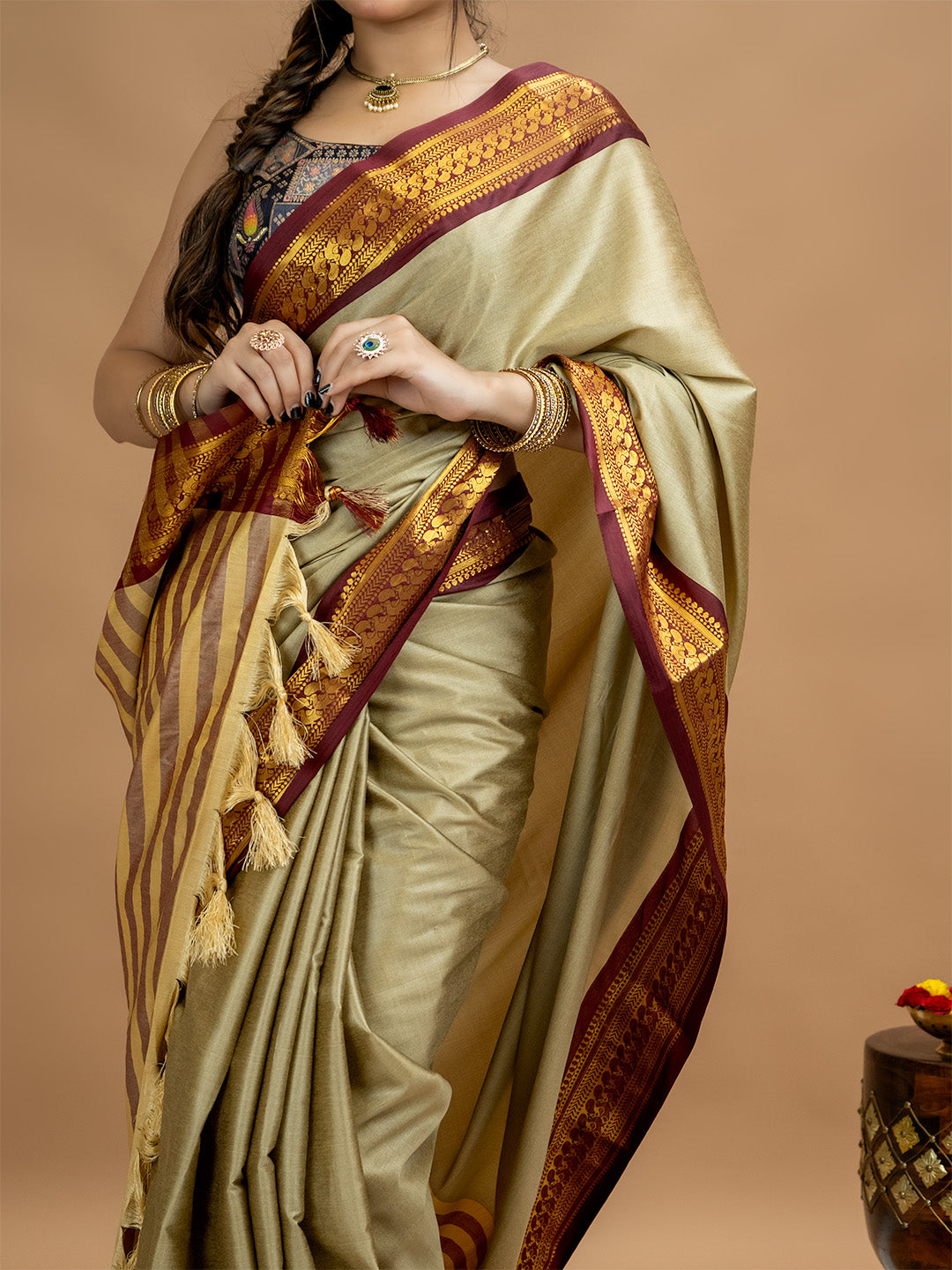 Beige Solid Saree