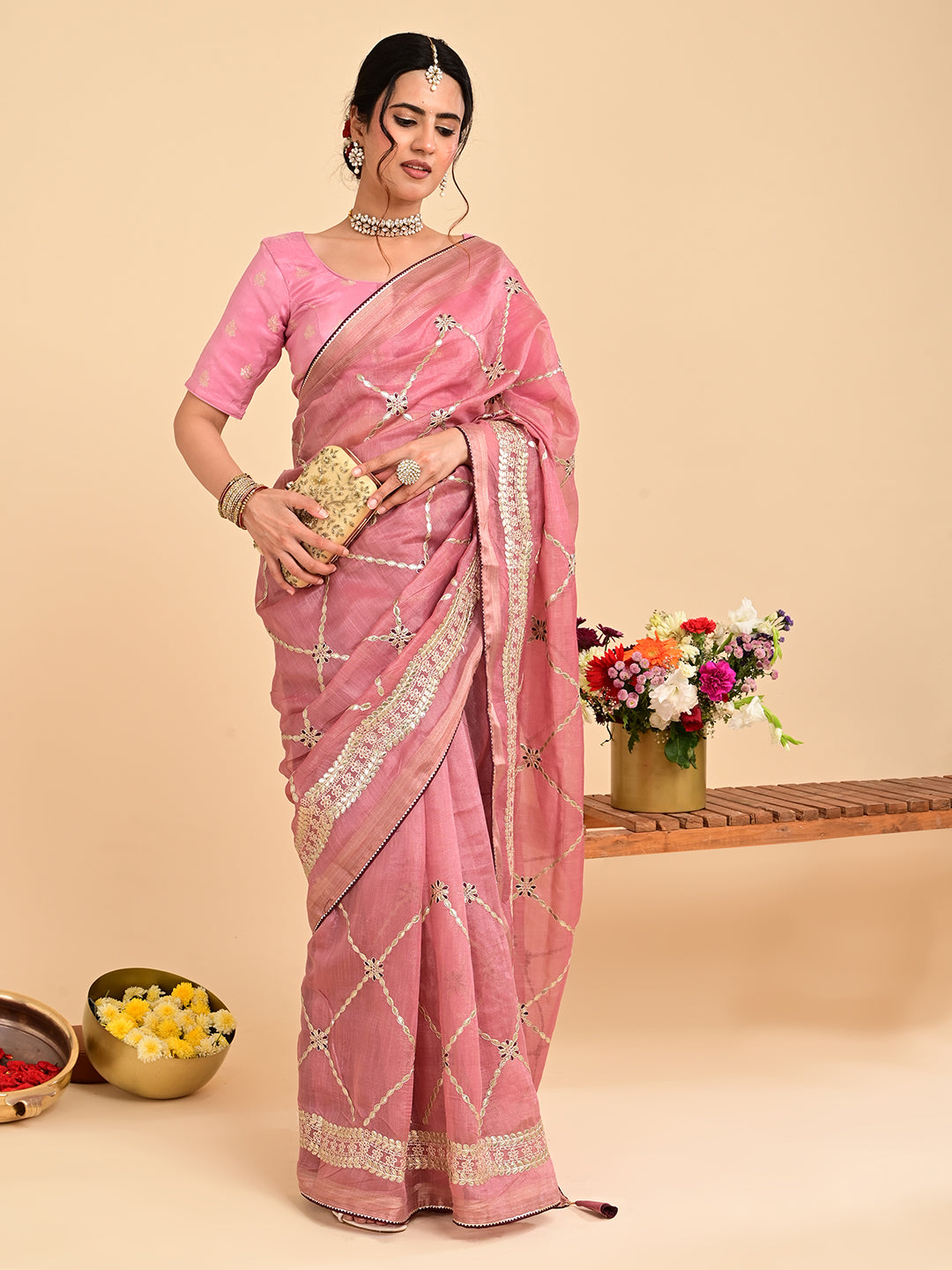 Embroidered Gota Patti Chanderi Saree