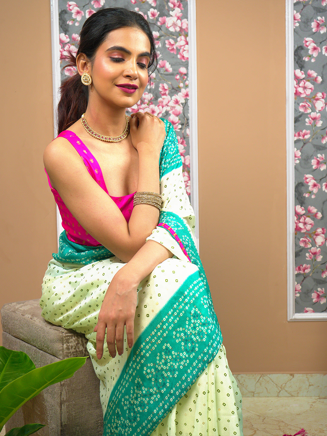Turquoise Bandhini Saree