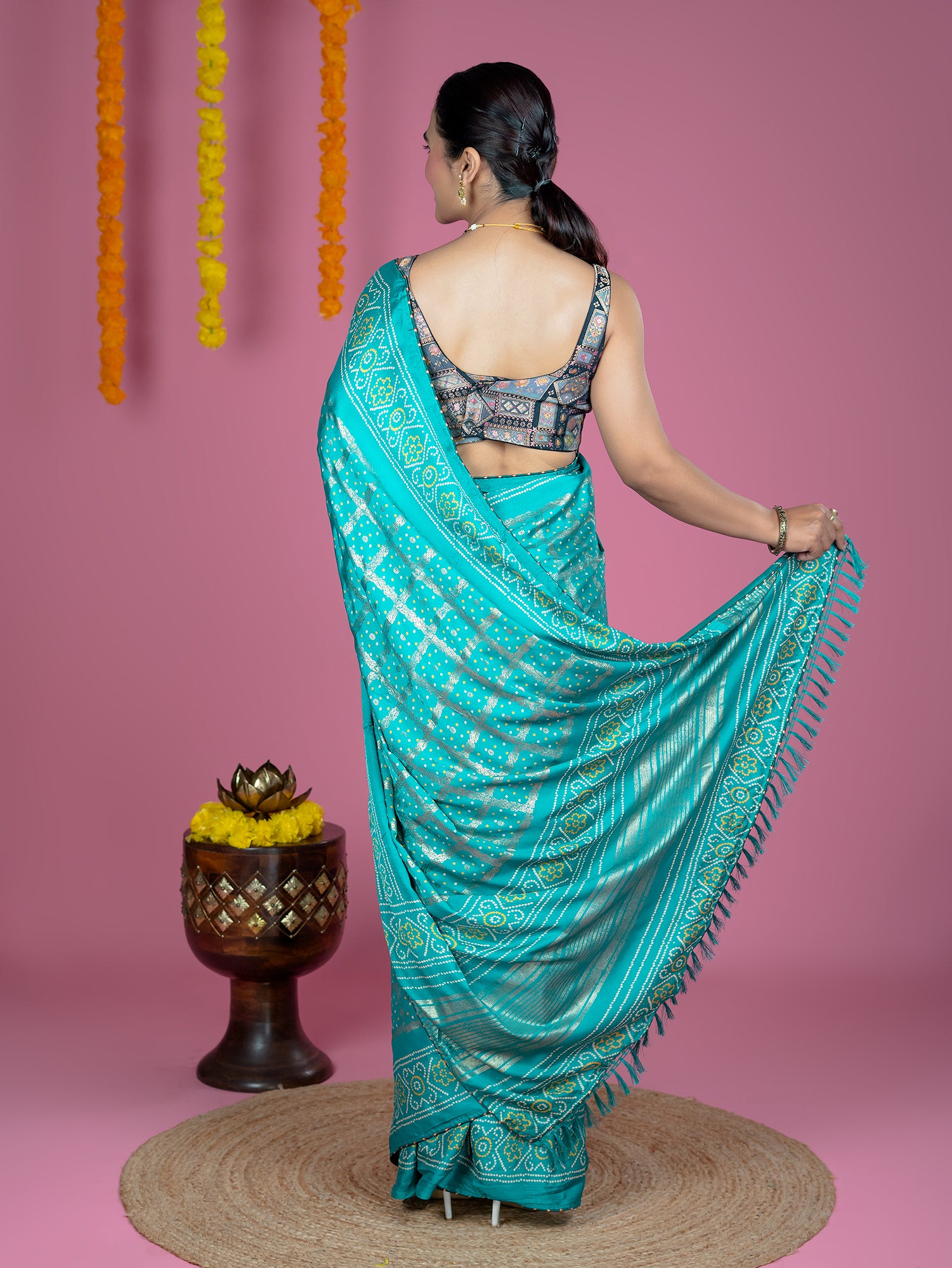 Turquoise Bandhini Saree