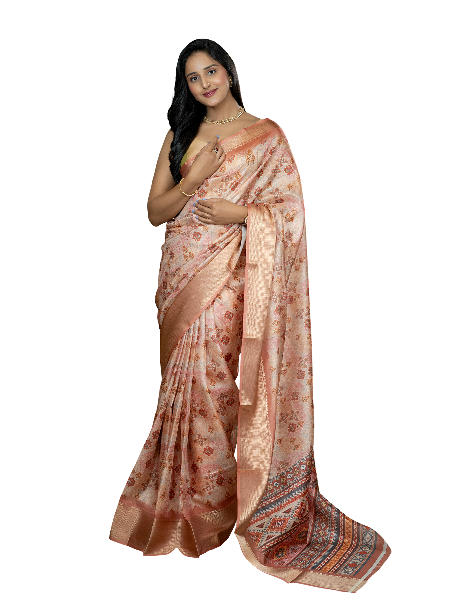 Peach Ajrakh Digital Print Saree