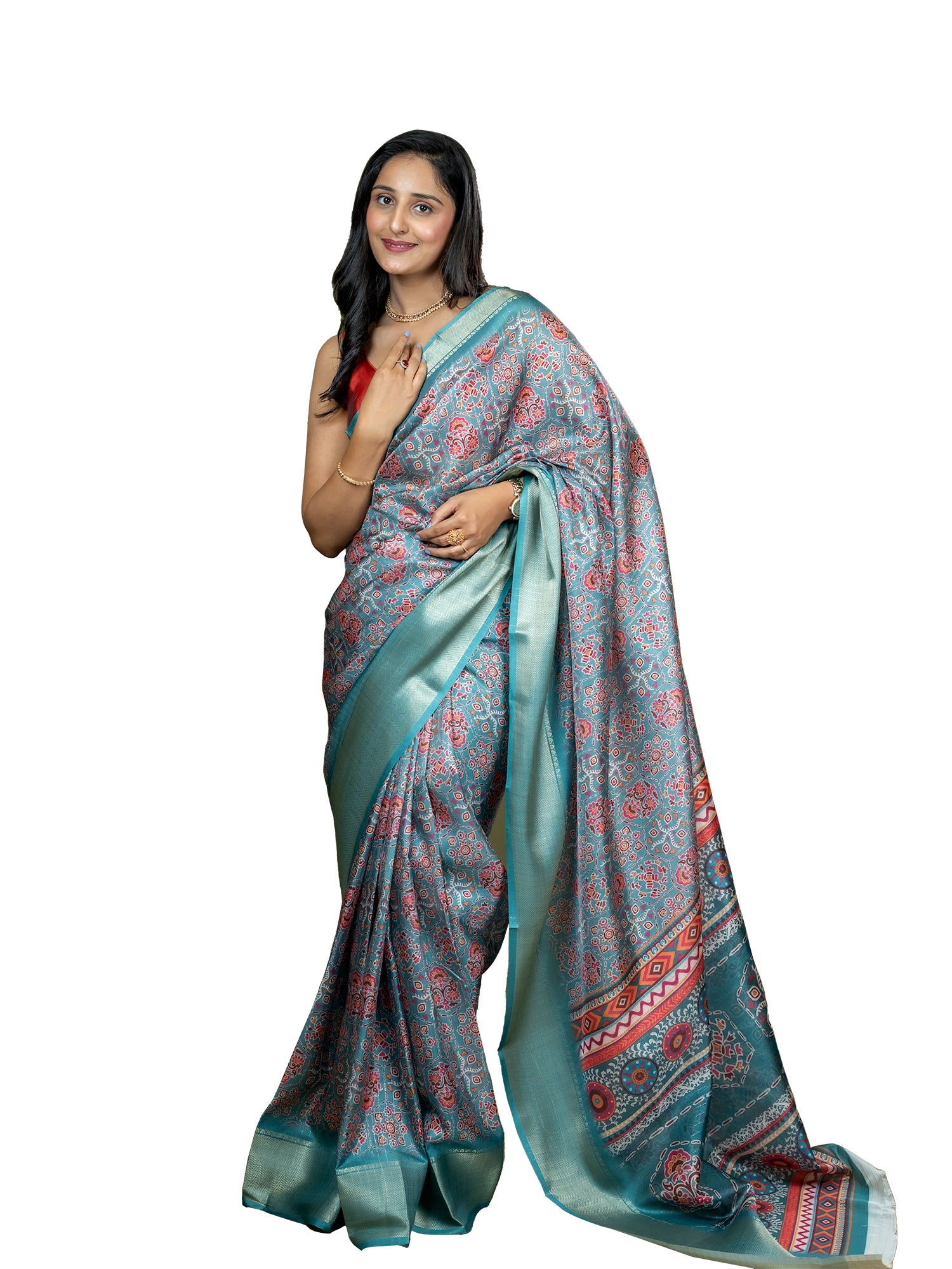 Seagreen Ajrakh Digital Print Saree