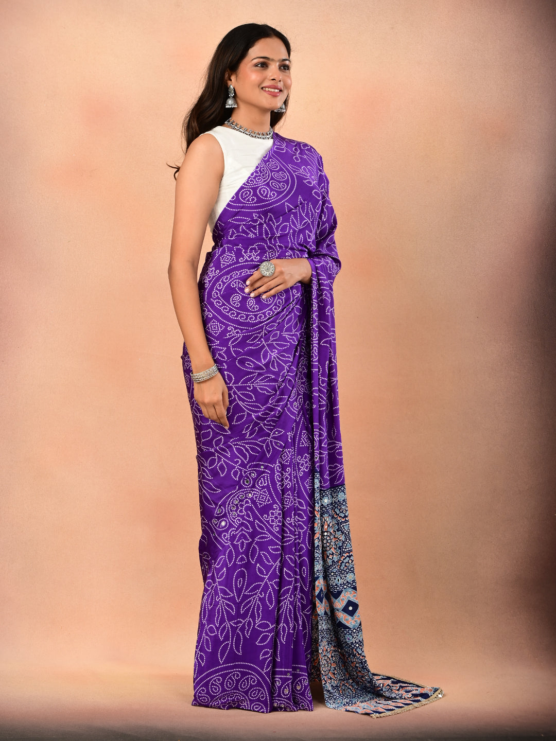 Ajrakh Crepe Silk Mirror Work Saree