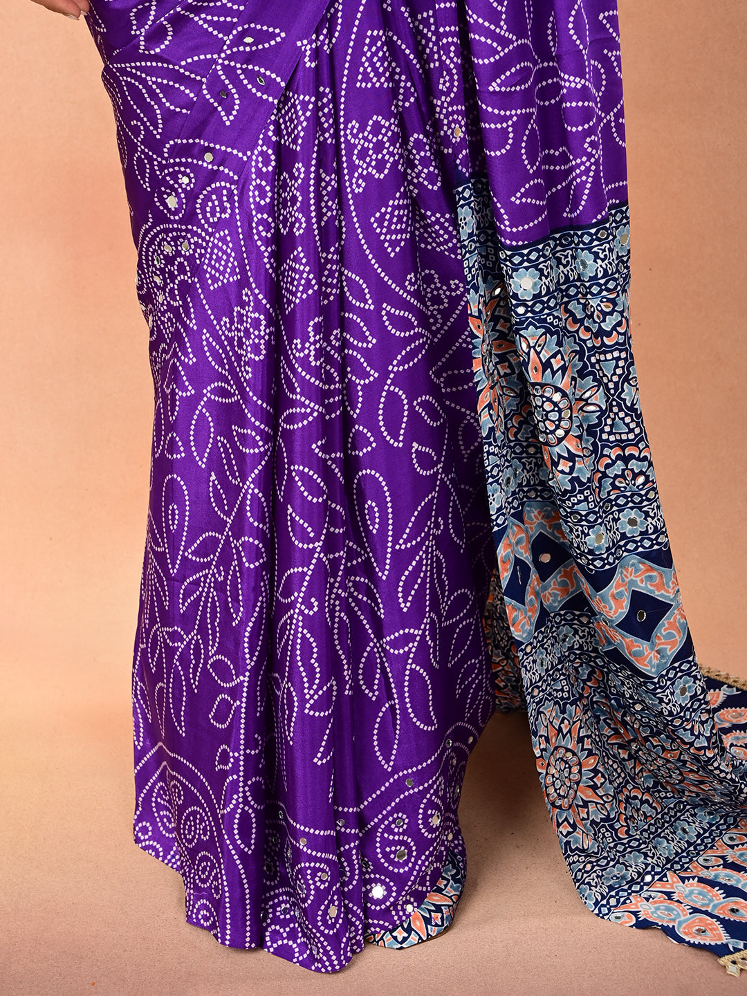 Ajrakh Crepe Silk Mirror Work Saree