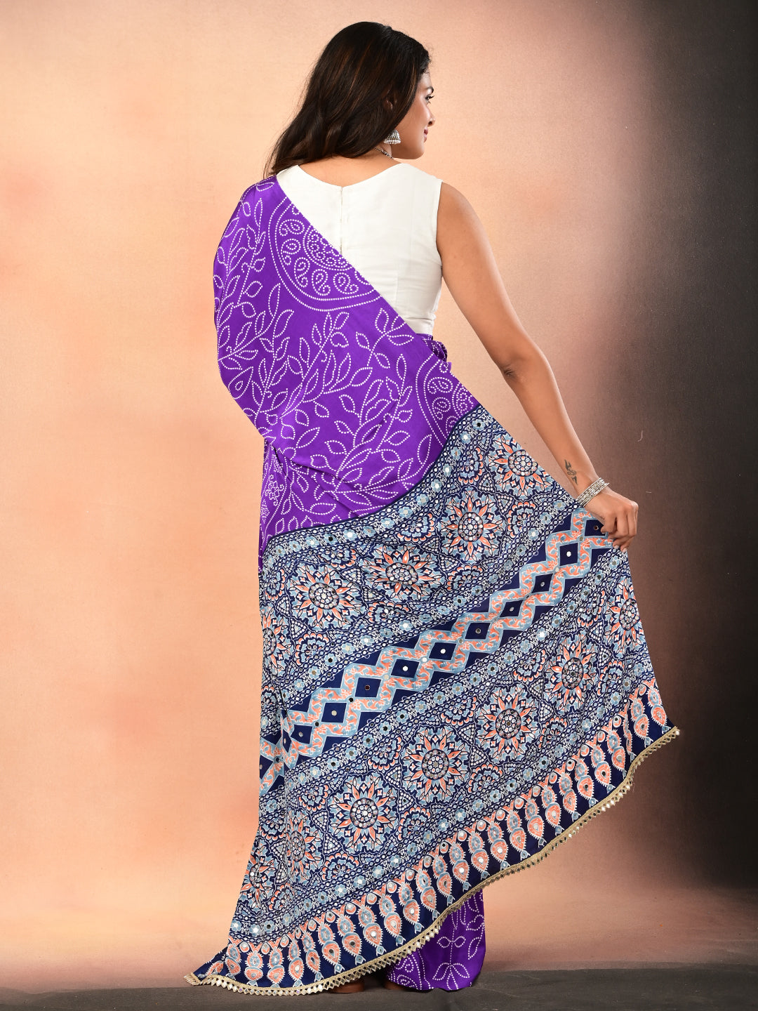 Ajrakh Crepe Silk Mirror Work Saree