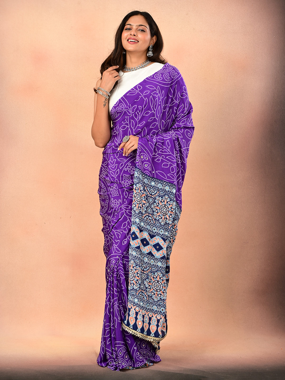 Ajrakh Crepe Silk Mirror Work Saree