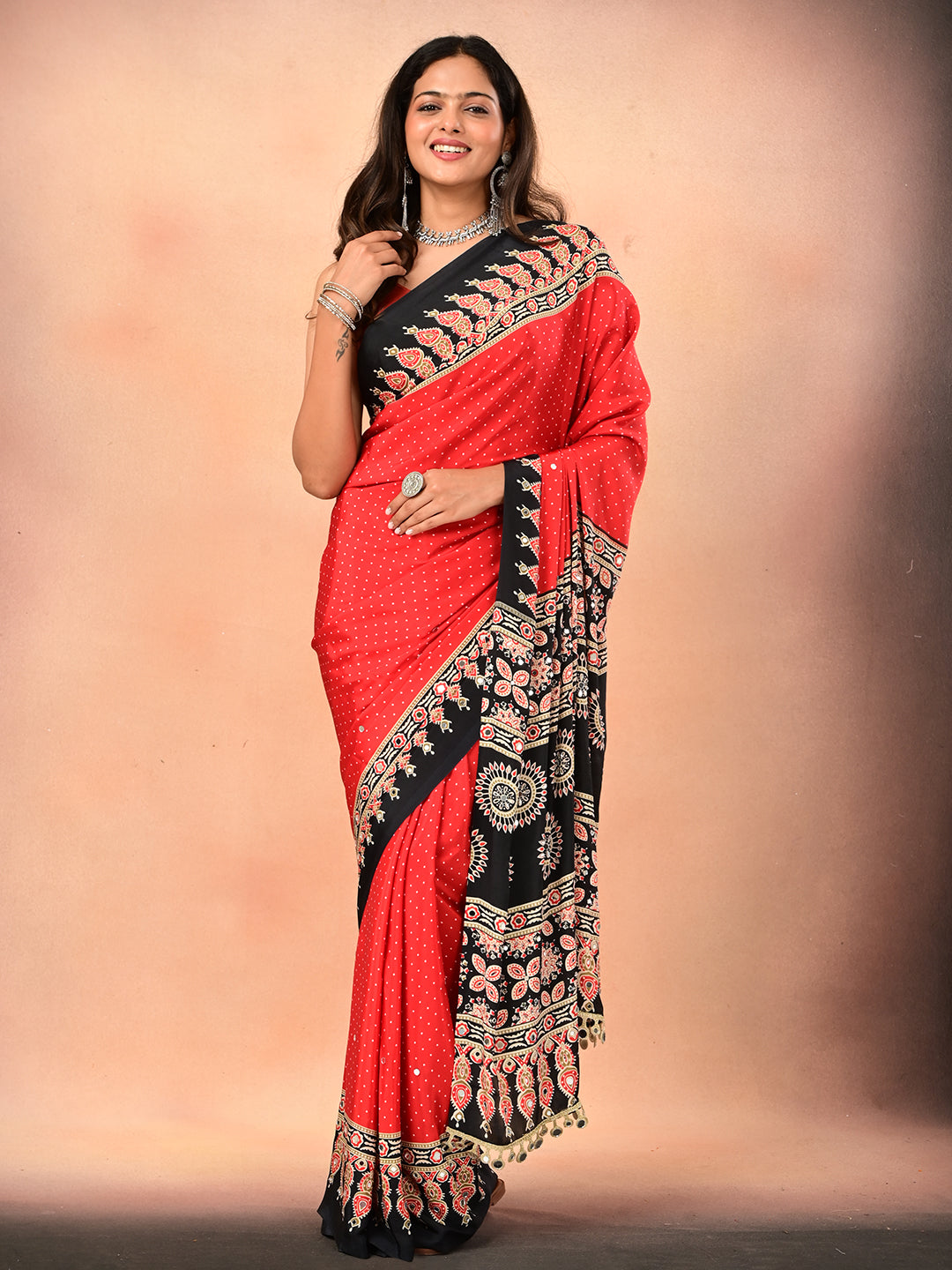 Ajrakh Crepe Silk Mirror Work Saree