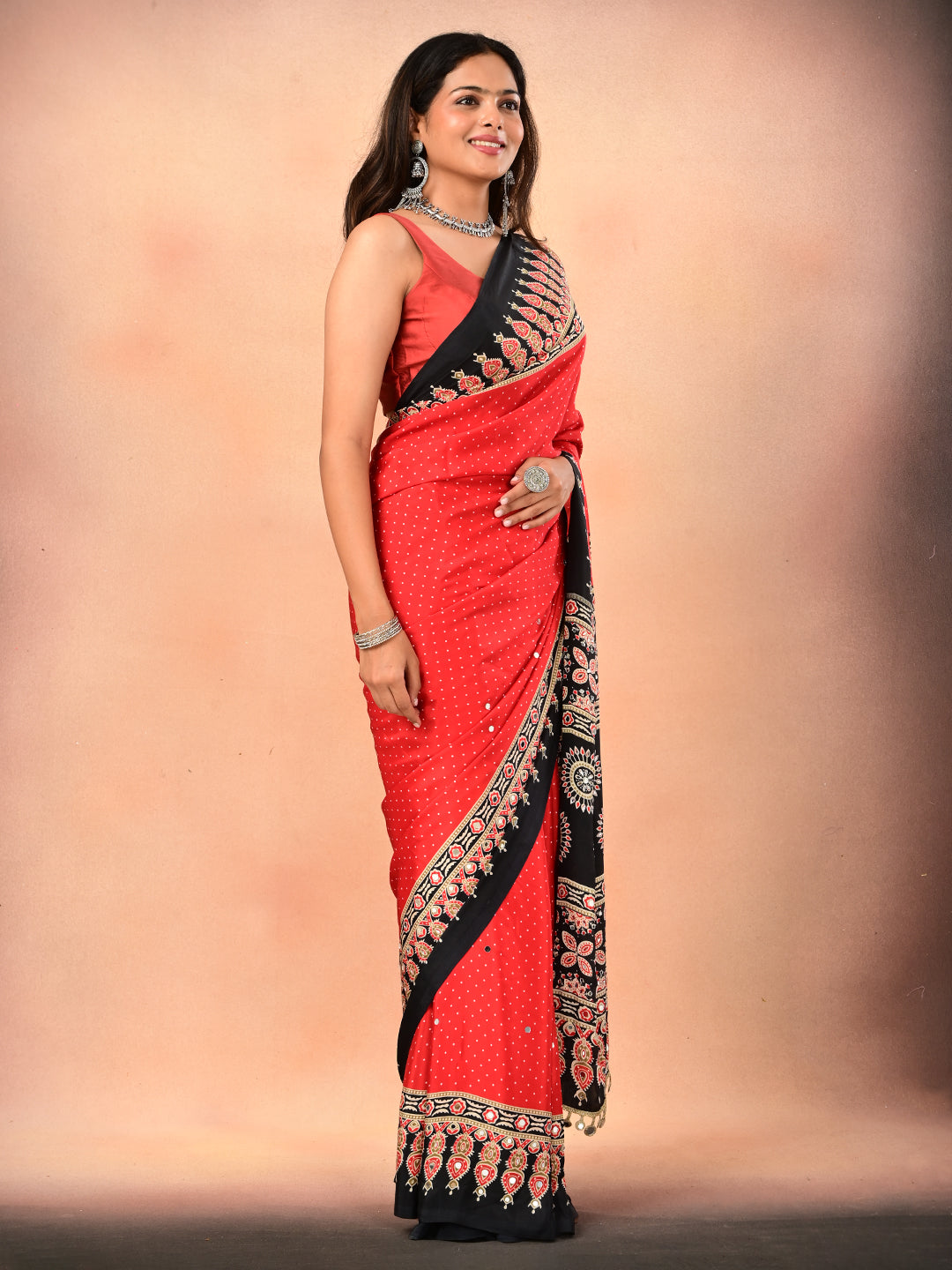 Ajrakh Crepe Silk Mirror Work Saree