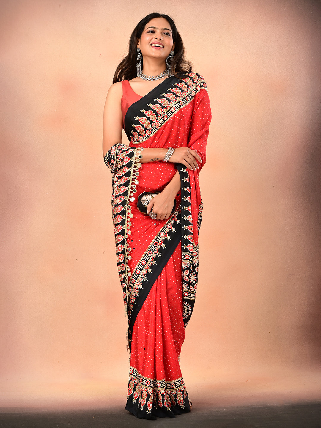 Ajrakh Crepe Silk Mirror Work Saree