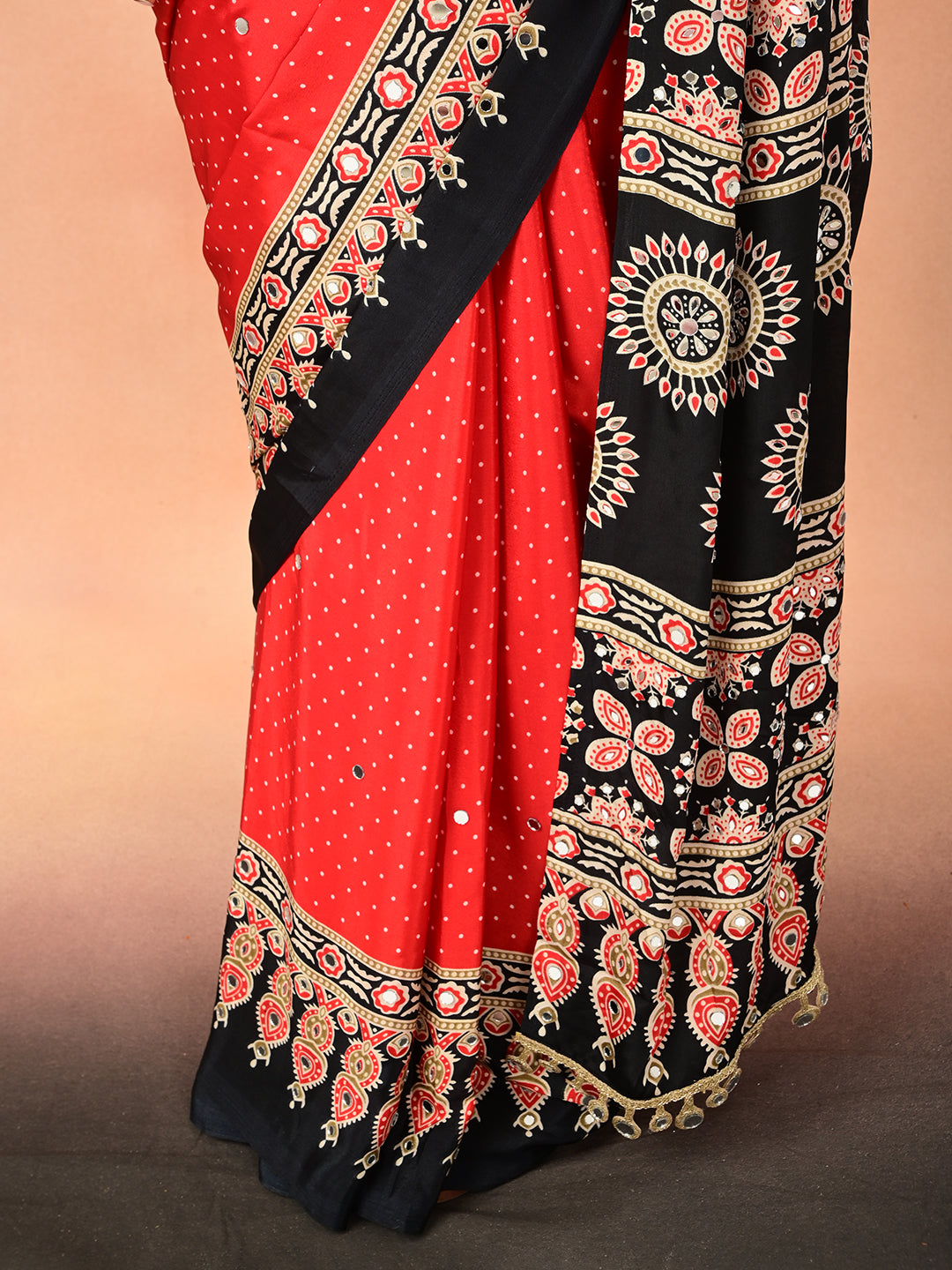 Ajrakh Crepe Silk Mirror Work Saree