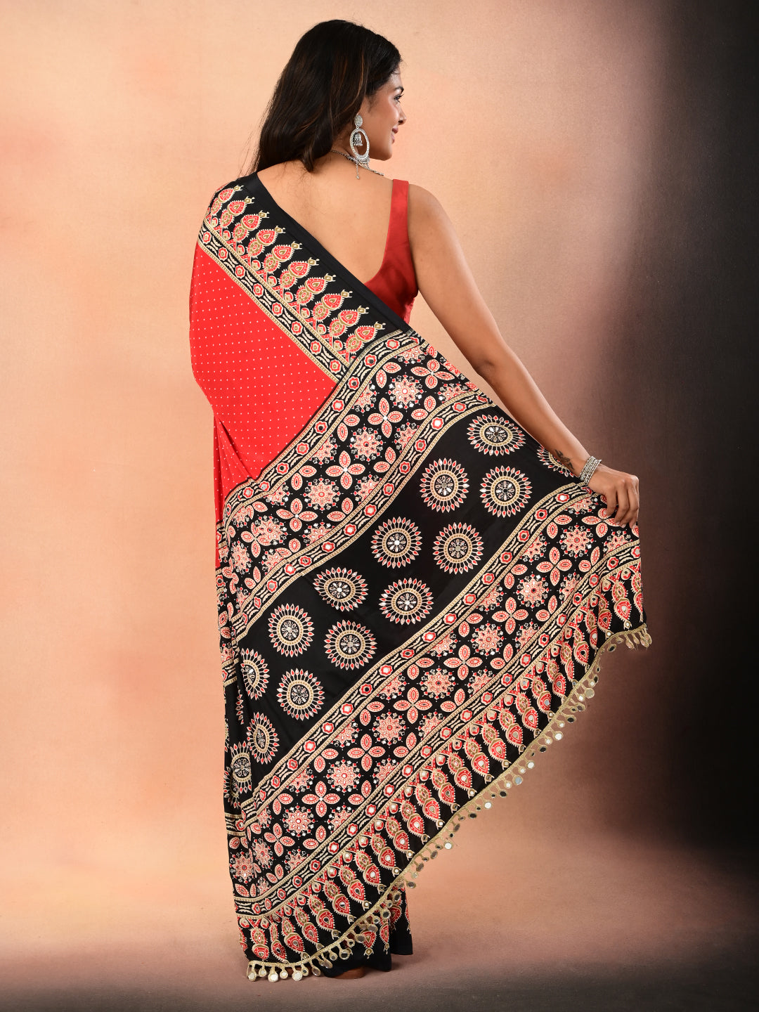 Ajrakh Crepe Silk Mirror Work Saree