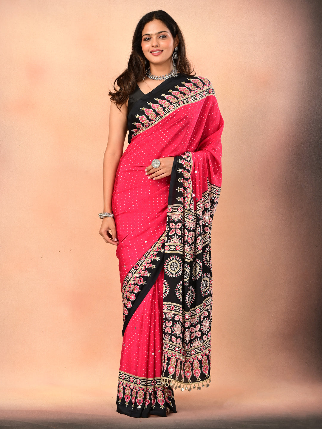 Ajrakh Crepe Silk Mirror Work Saree