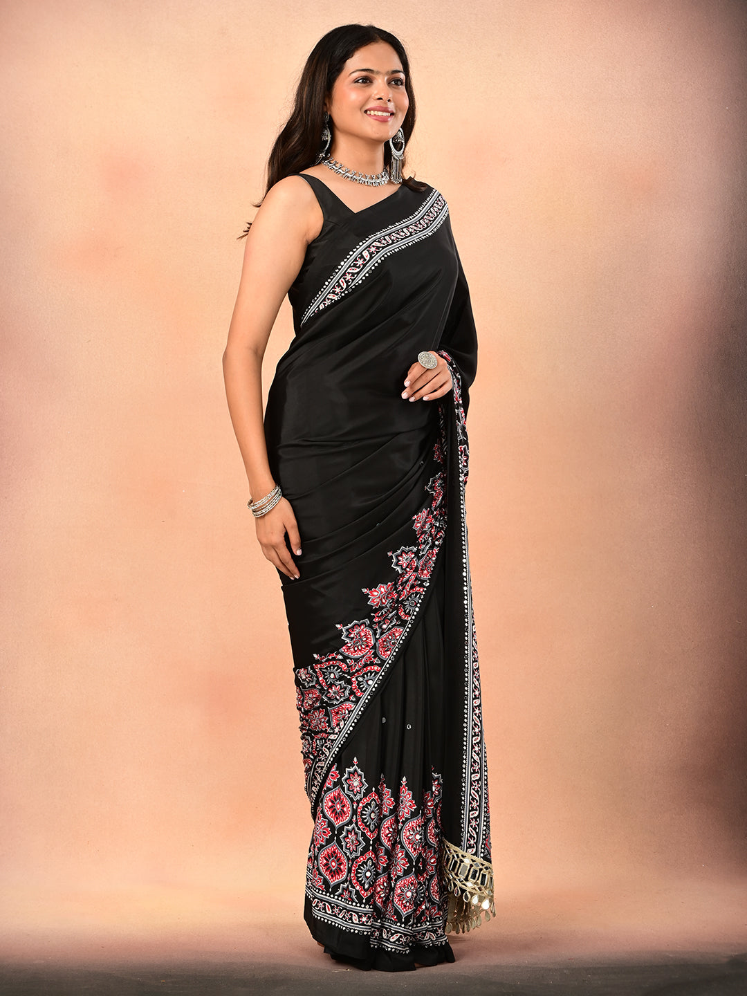 Ajrakh Crepe Silk Mirror Work Saree