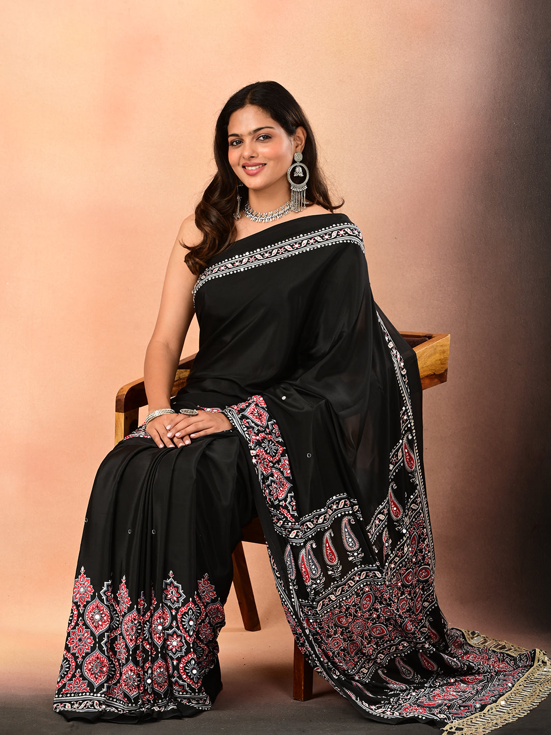 Ajrakh Crepe Silk Mirror Work Saree