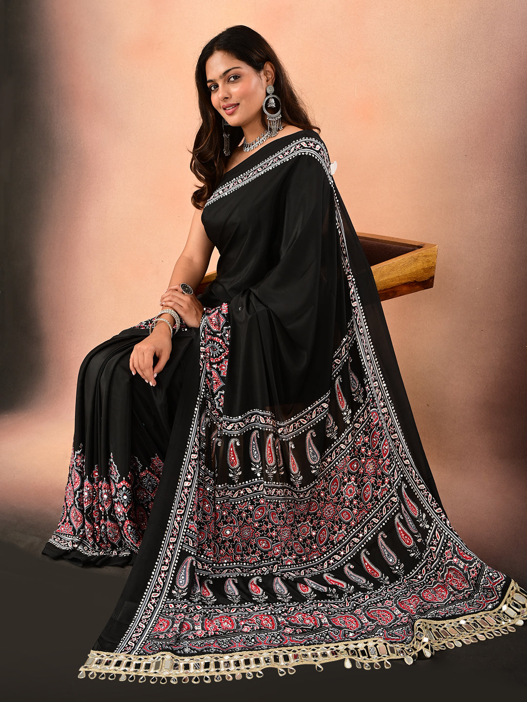 Ajrakh Crepe Silk Mirror Work Saree