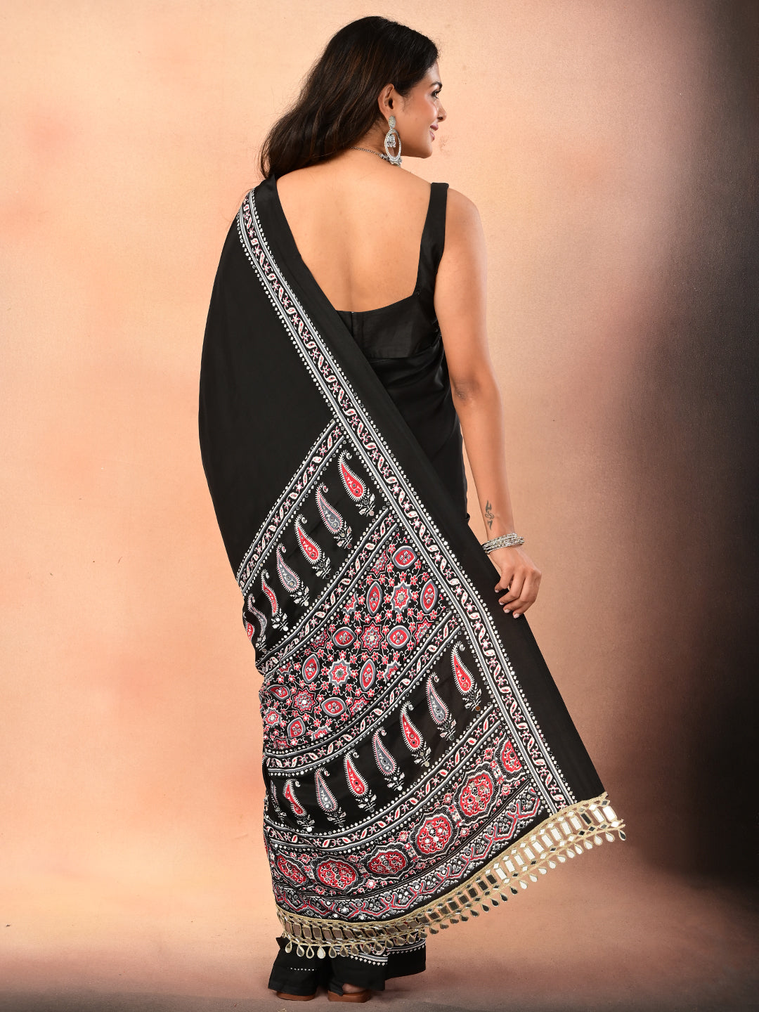 Ajrakh Crepe Silk Mirror Work Saree