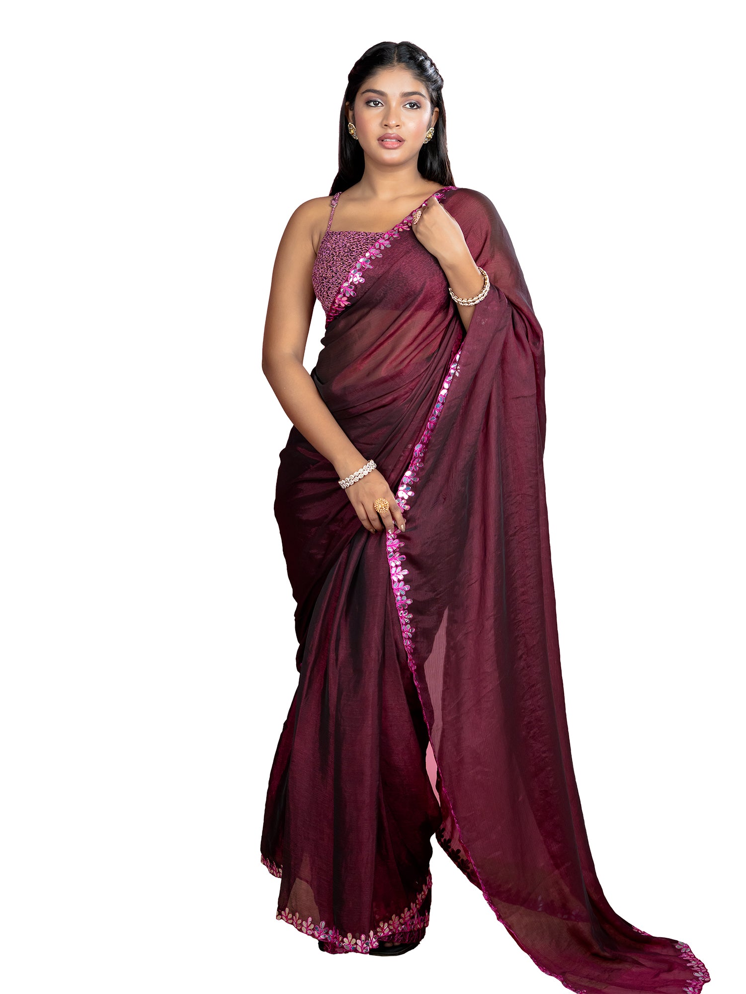 Wine Ready to Wear Party Saree