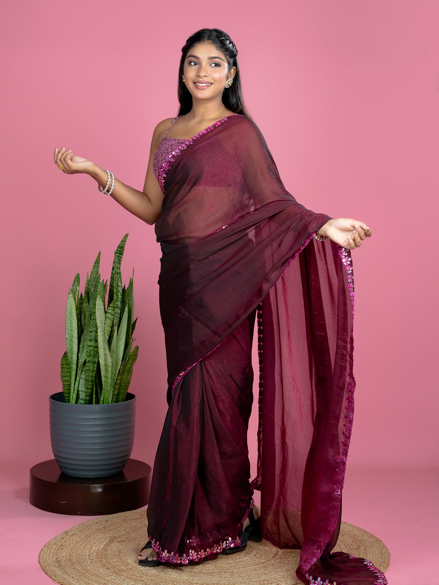 Wine Ready to Wear Party Saree