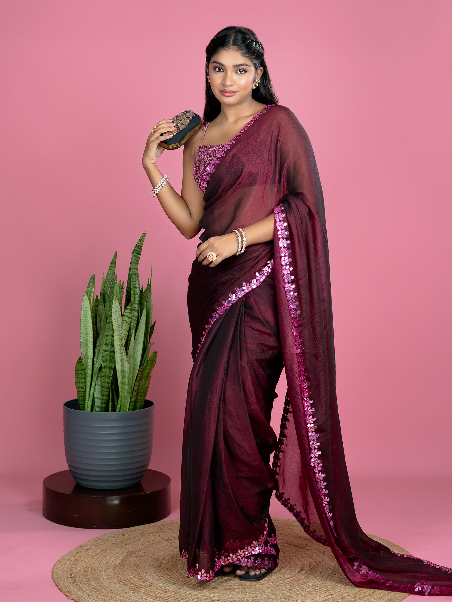 Wine Ready to Wear Party Saree