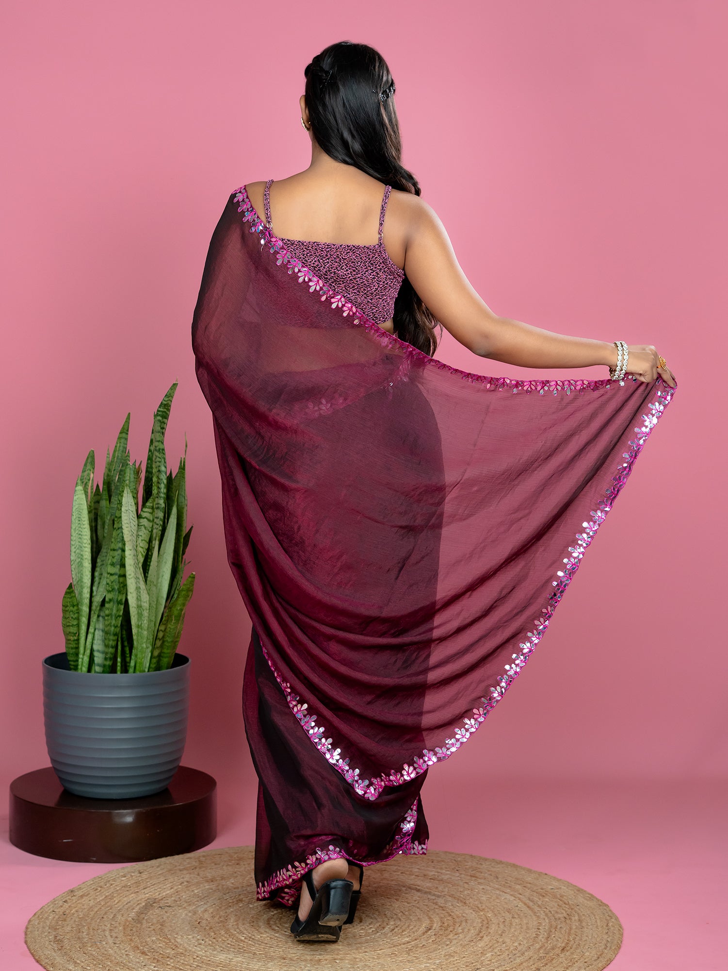 Wine Ready to Wear Party Saree