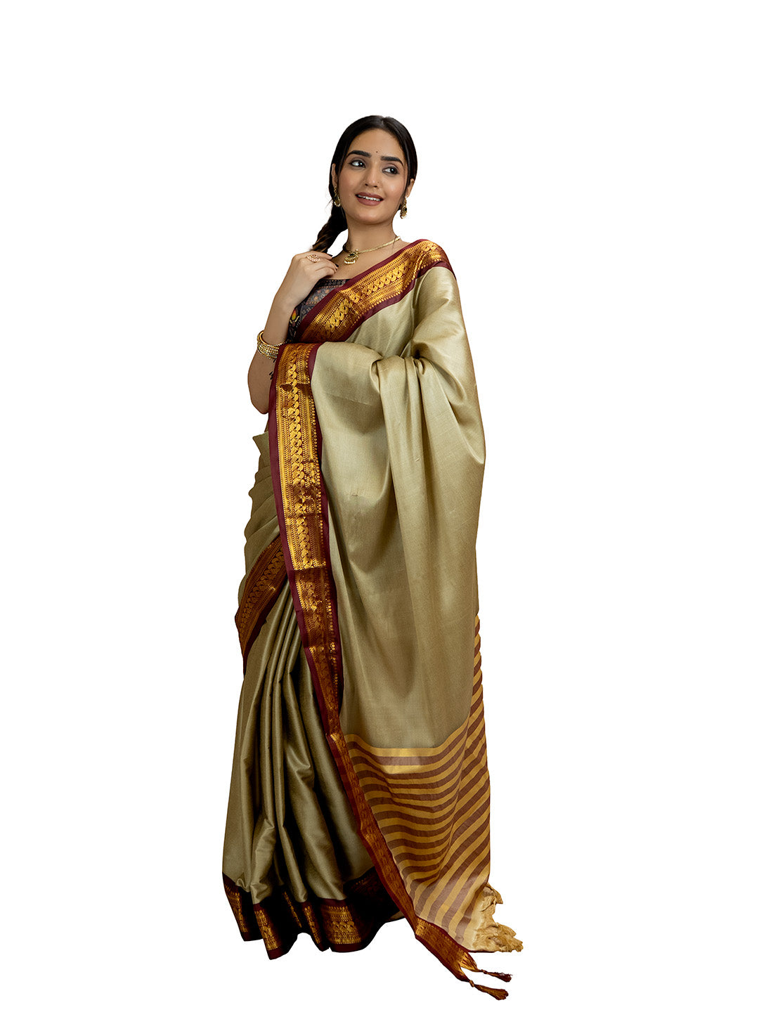 Beige Solid Saree
