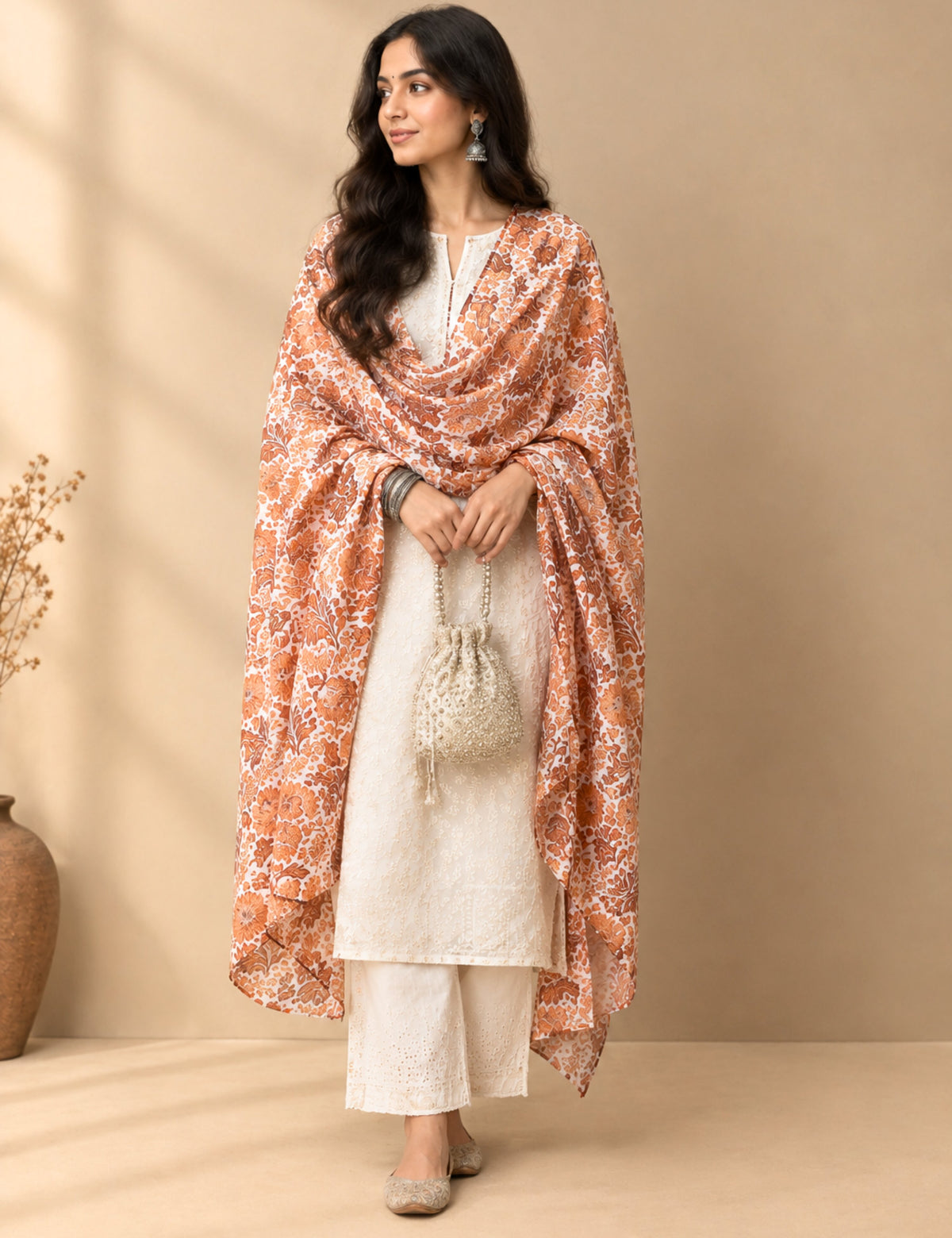 Floral Mocha Cotton Dupatta