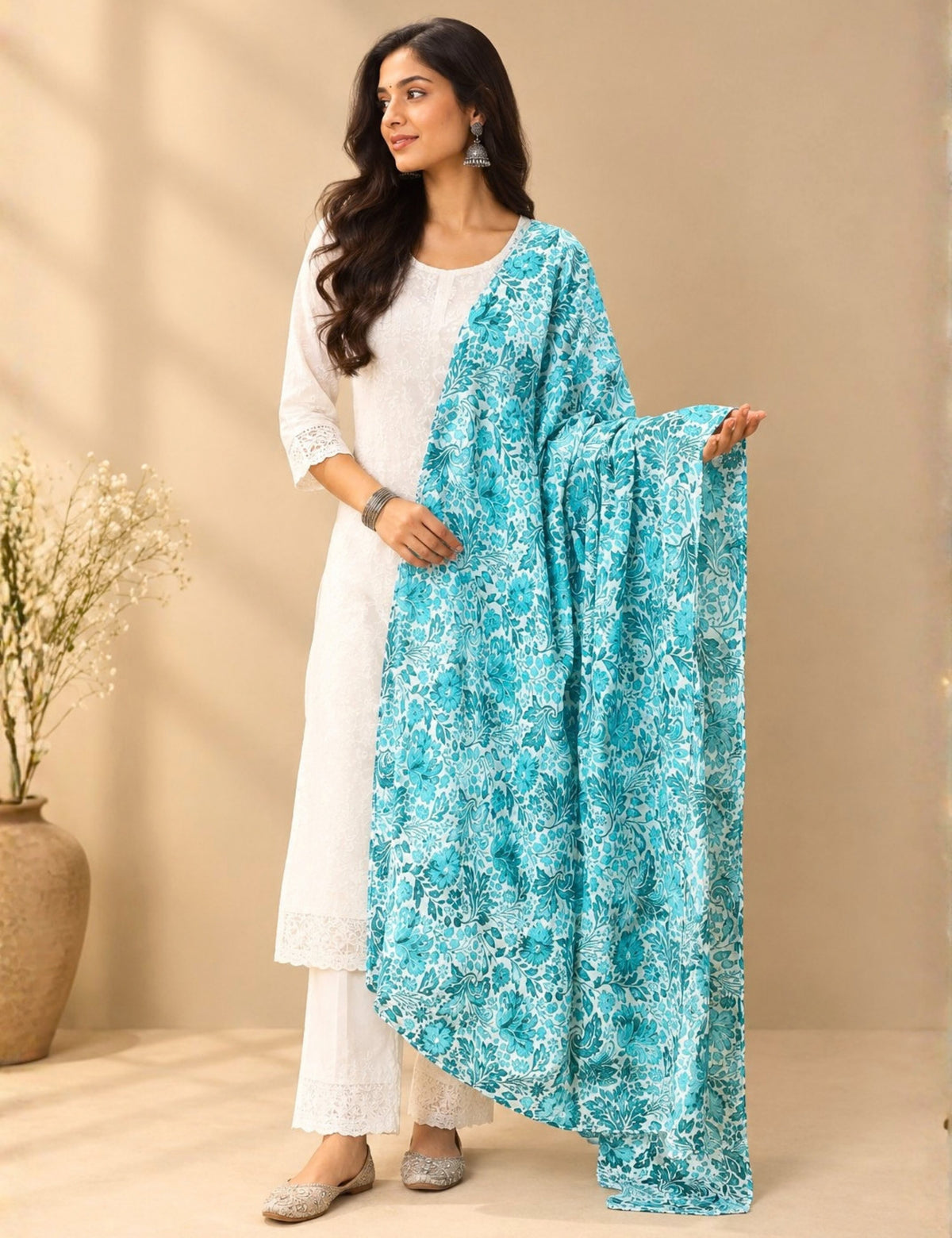 Floral Turquoise Cotton Dupatta