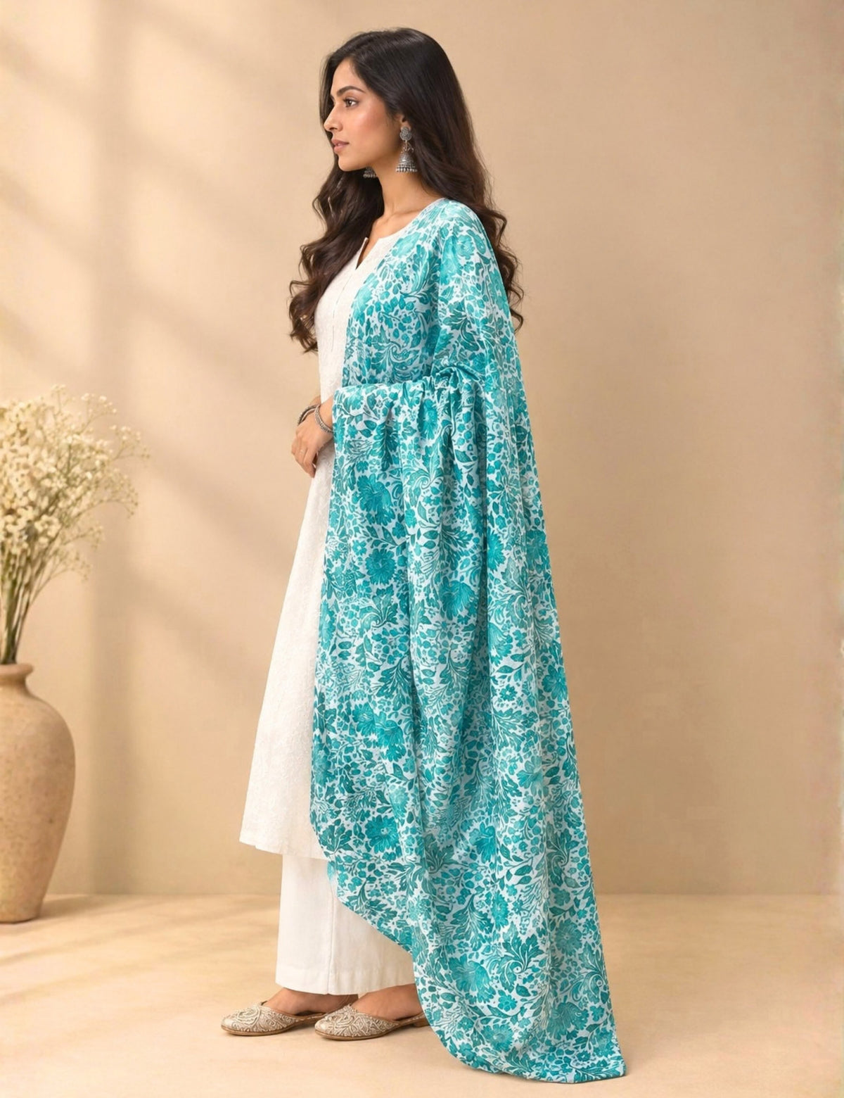 Floral Turquoise Cotton Dupatta