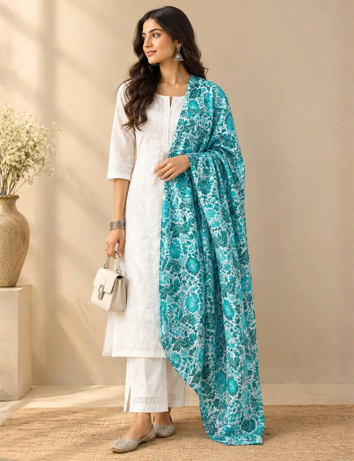 Floral Turquoise Cotton Dupatta