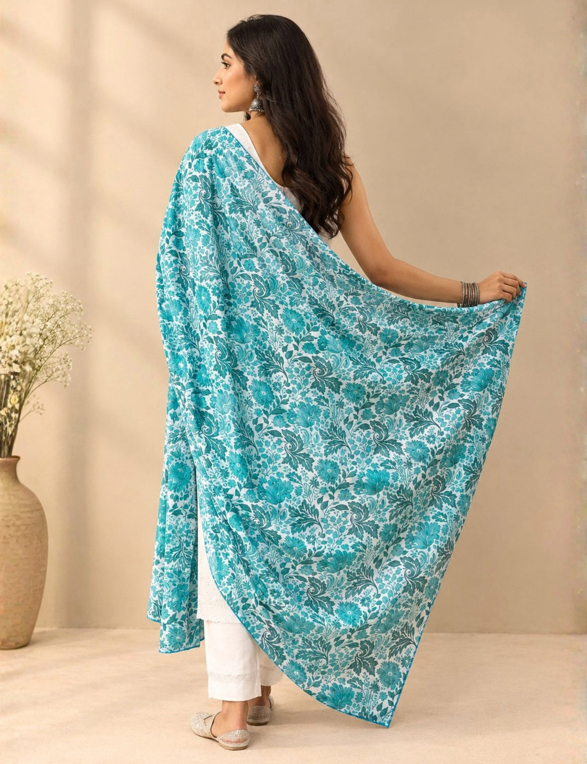 Floral Turquoise Cotton Dupatta