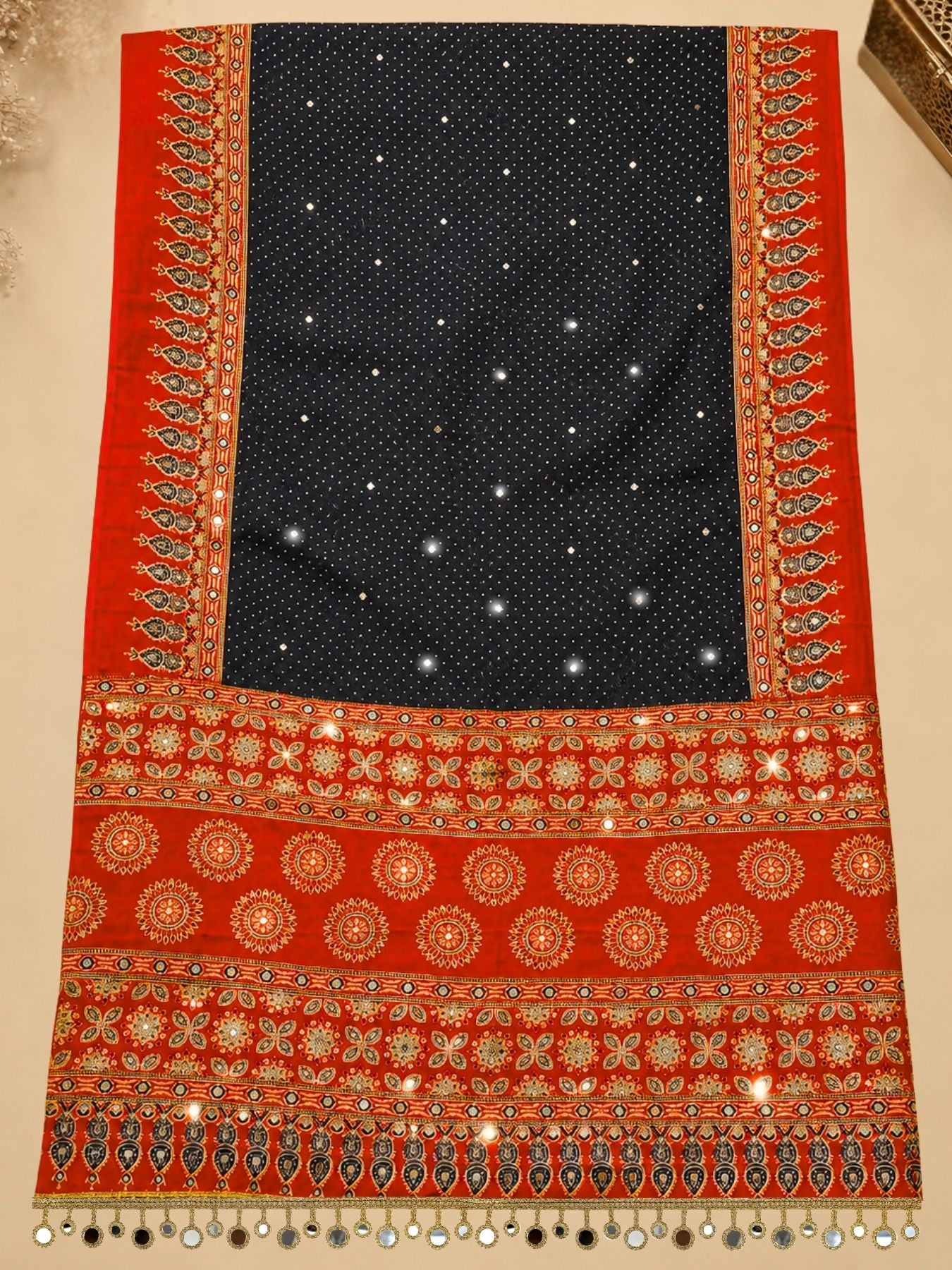 Ajrakh Crepe Silk Mirror Work Saree
