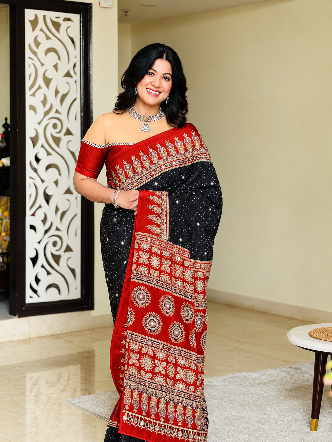 Ajrakh Crepe Silk Mirror Work Saree