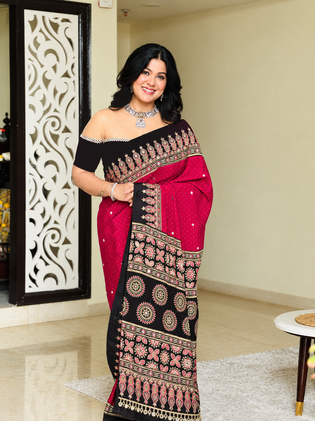 Ajrakh Crepe Silk Mirror Work Saree