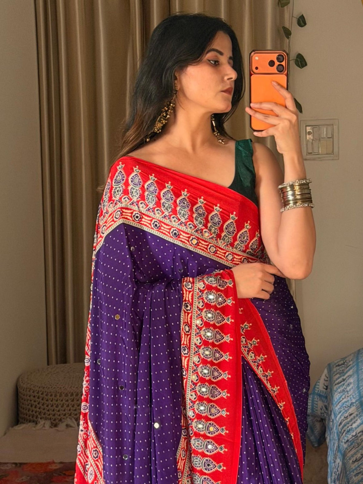Ajrakh Crepe Silk Mirror Work Saree
