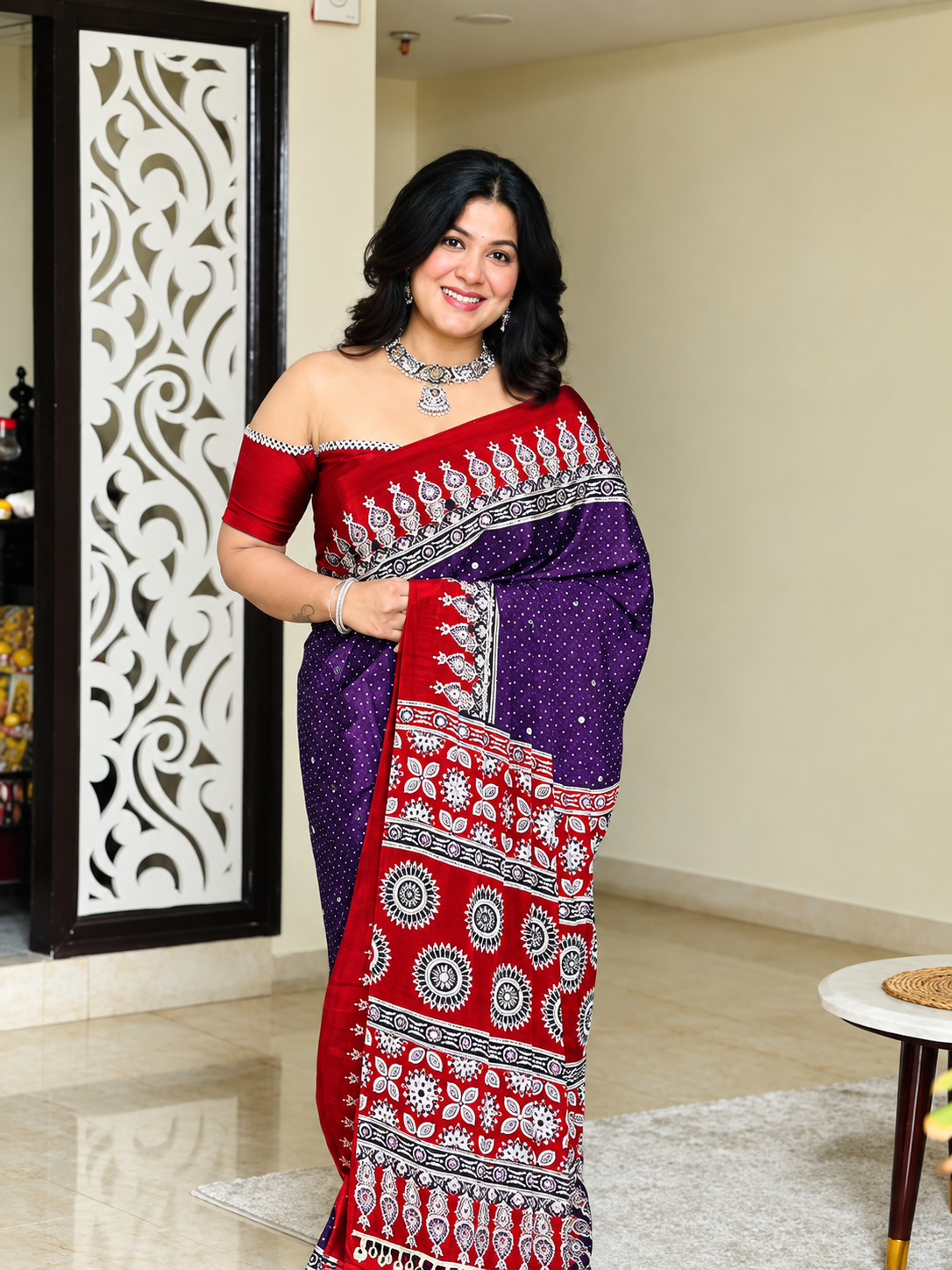 Ajrakh Crepe Silk Mirror Work Saree