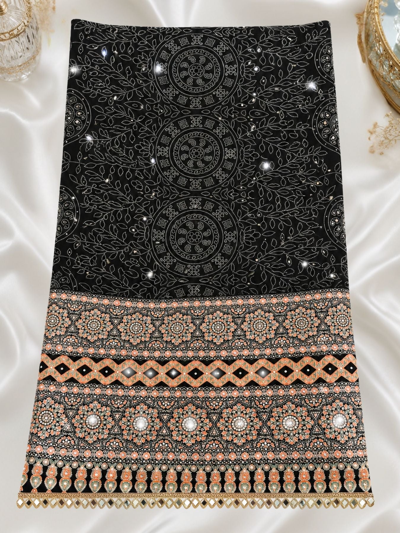 Ajrakh Crepe Silk Mirror Work Saree