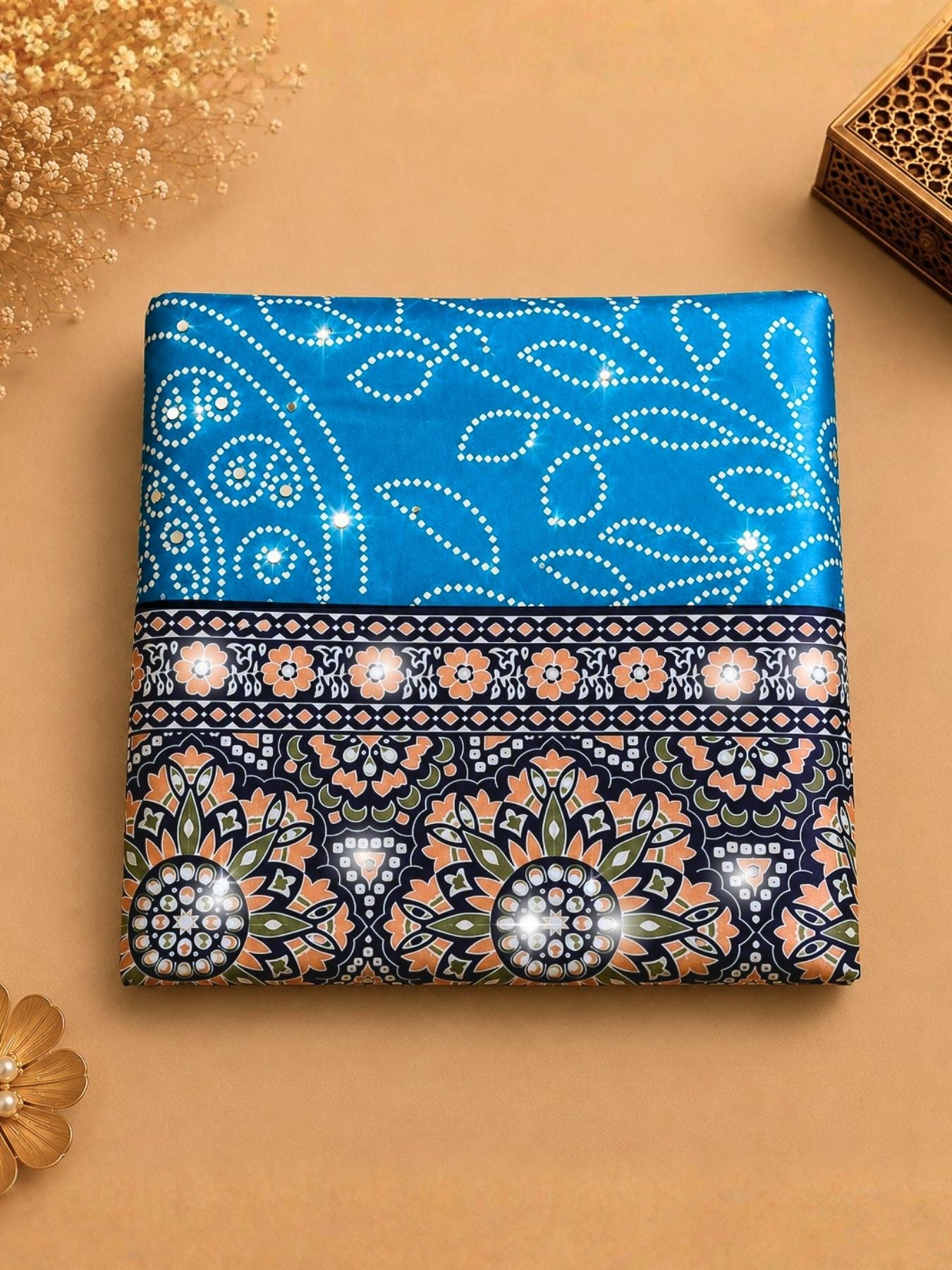 Ajrakh Crepe Silk Mirror Work Saree