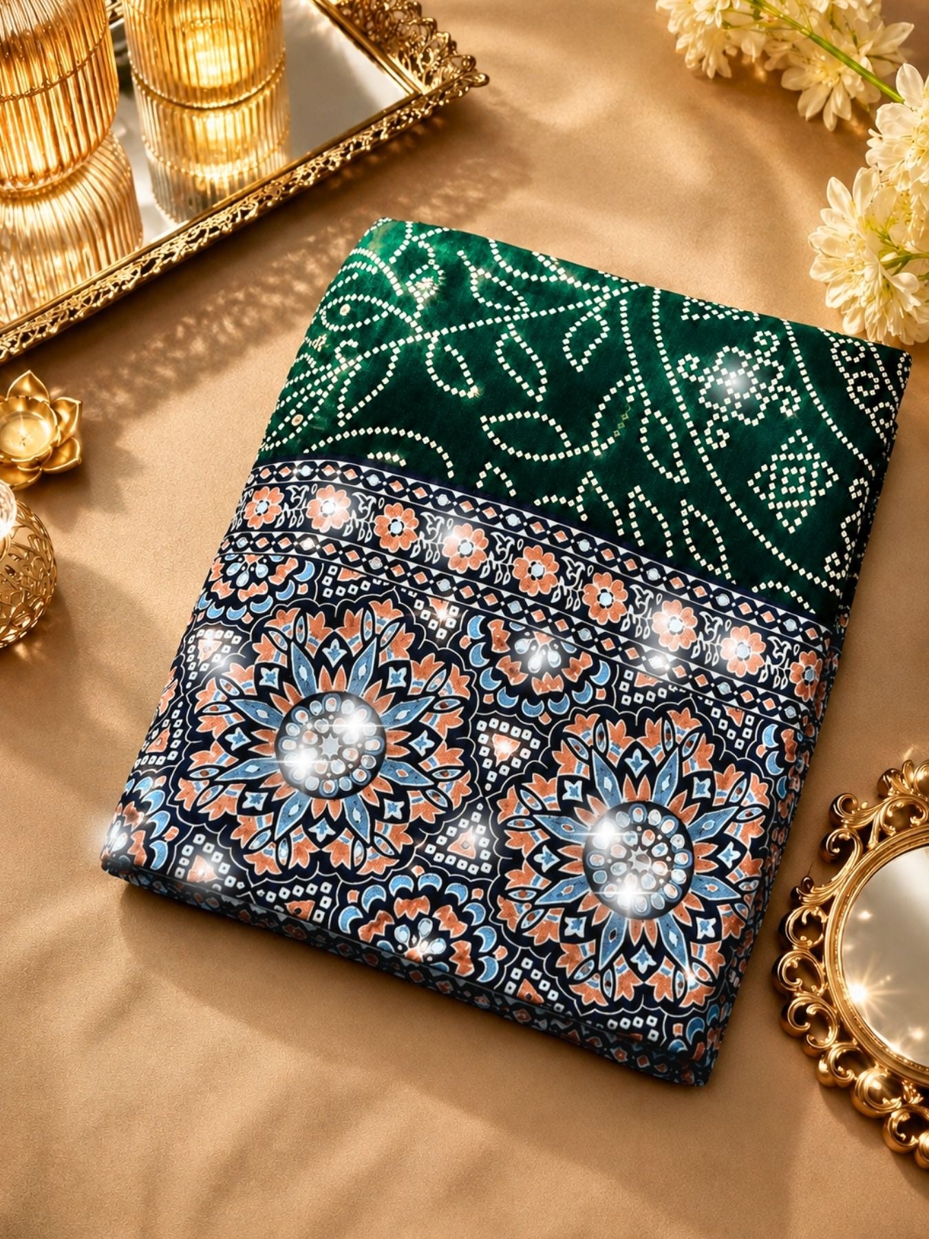 Ajrakh Crepe Silk Mirror Work Saree