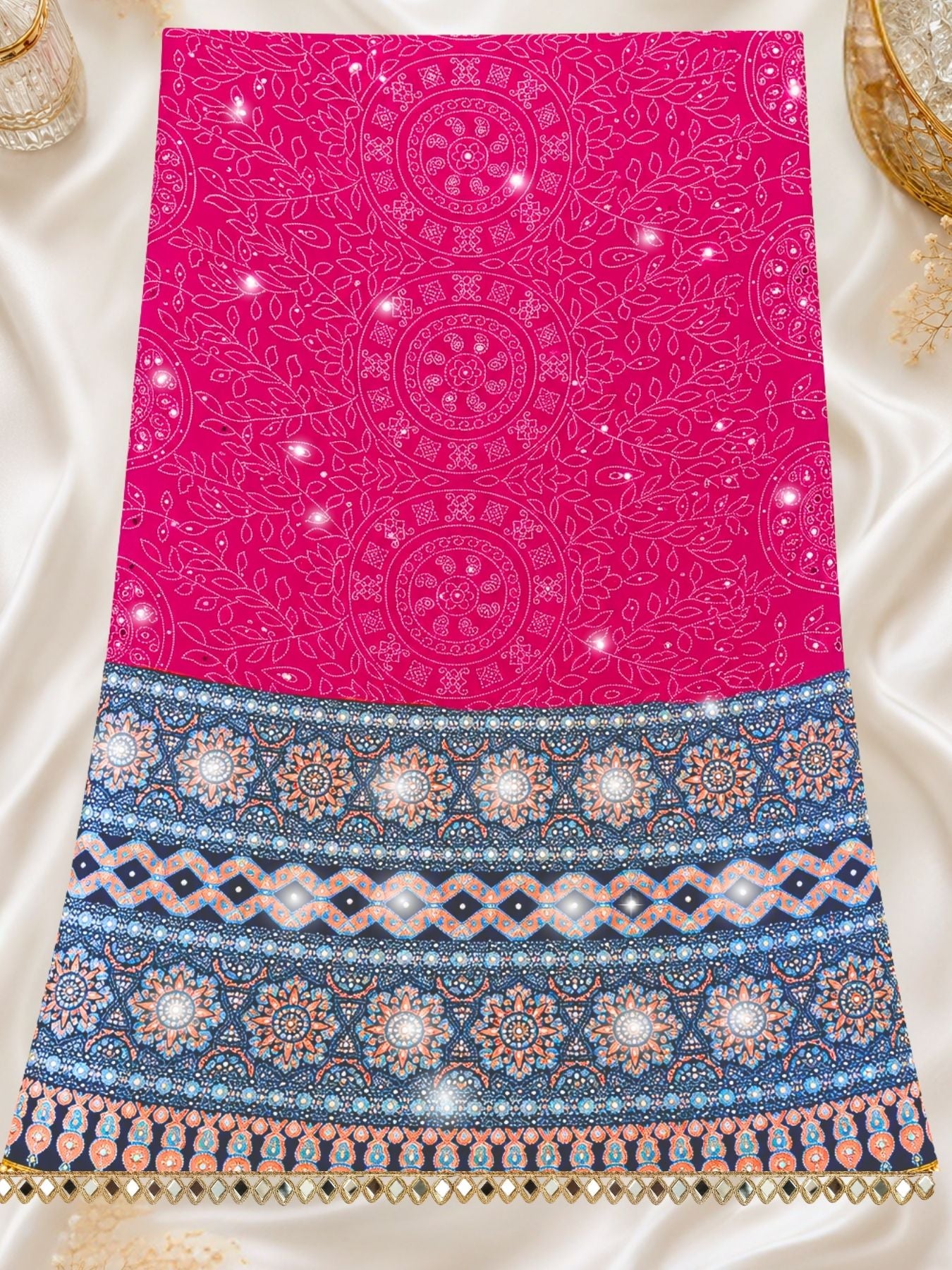 Ajrakh Crepe Silk Mirror Work Saree