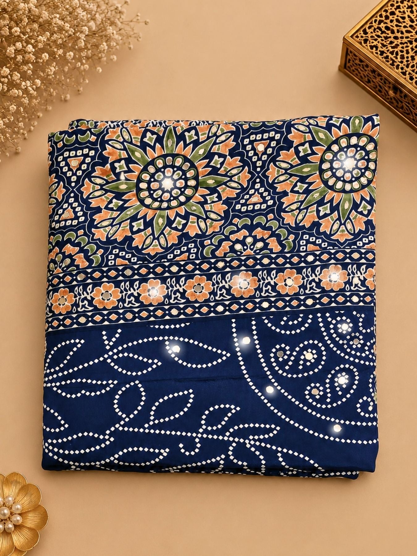 Ajrakh Crepe Silk Mirror Work Saree