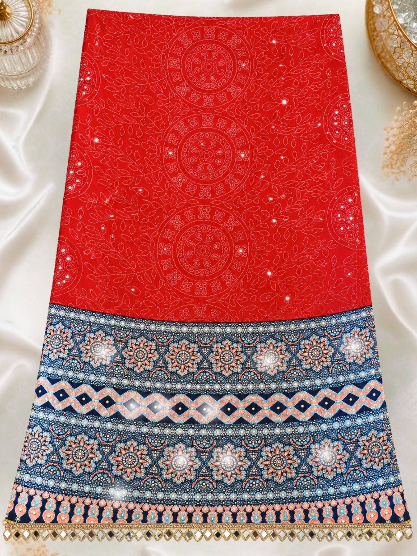 Ajrakh Crepe Silk Mirror Work Saree
