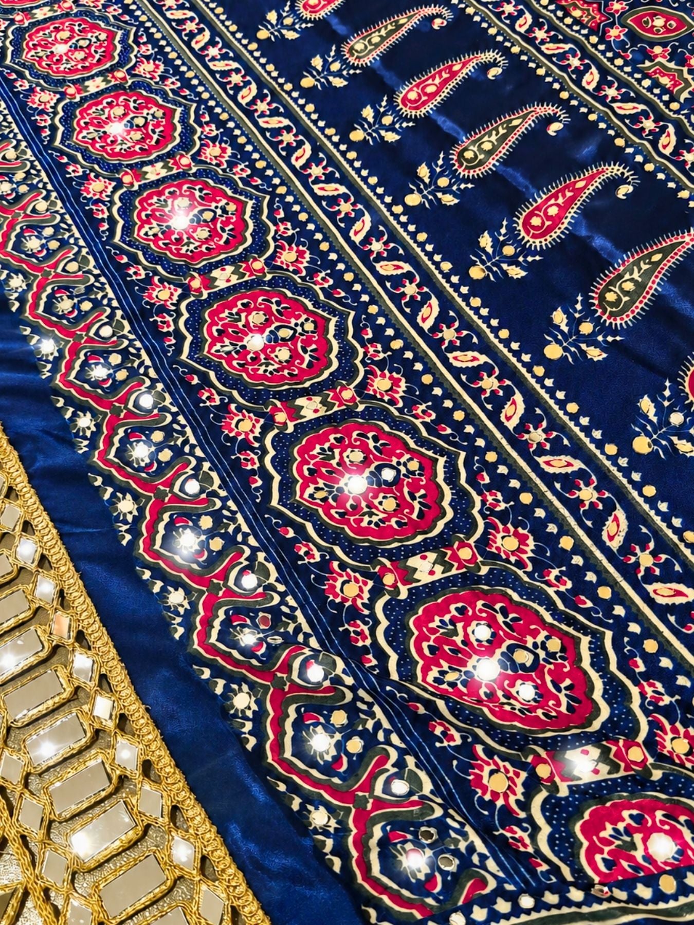 Ajrakh Crepe Silk Mirror Work Saree
