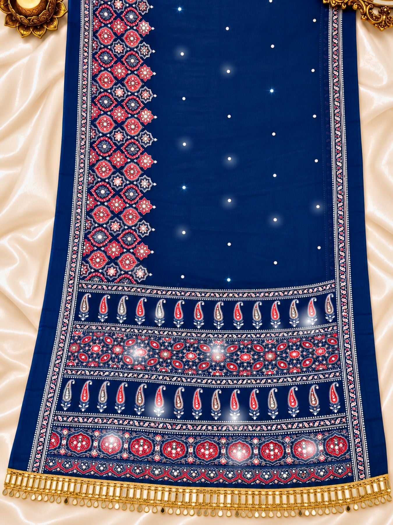 Ajrakh Crepe Silk Mirror Work Saree