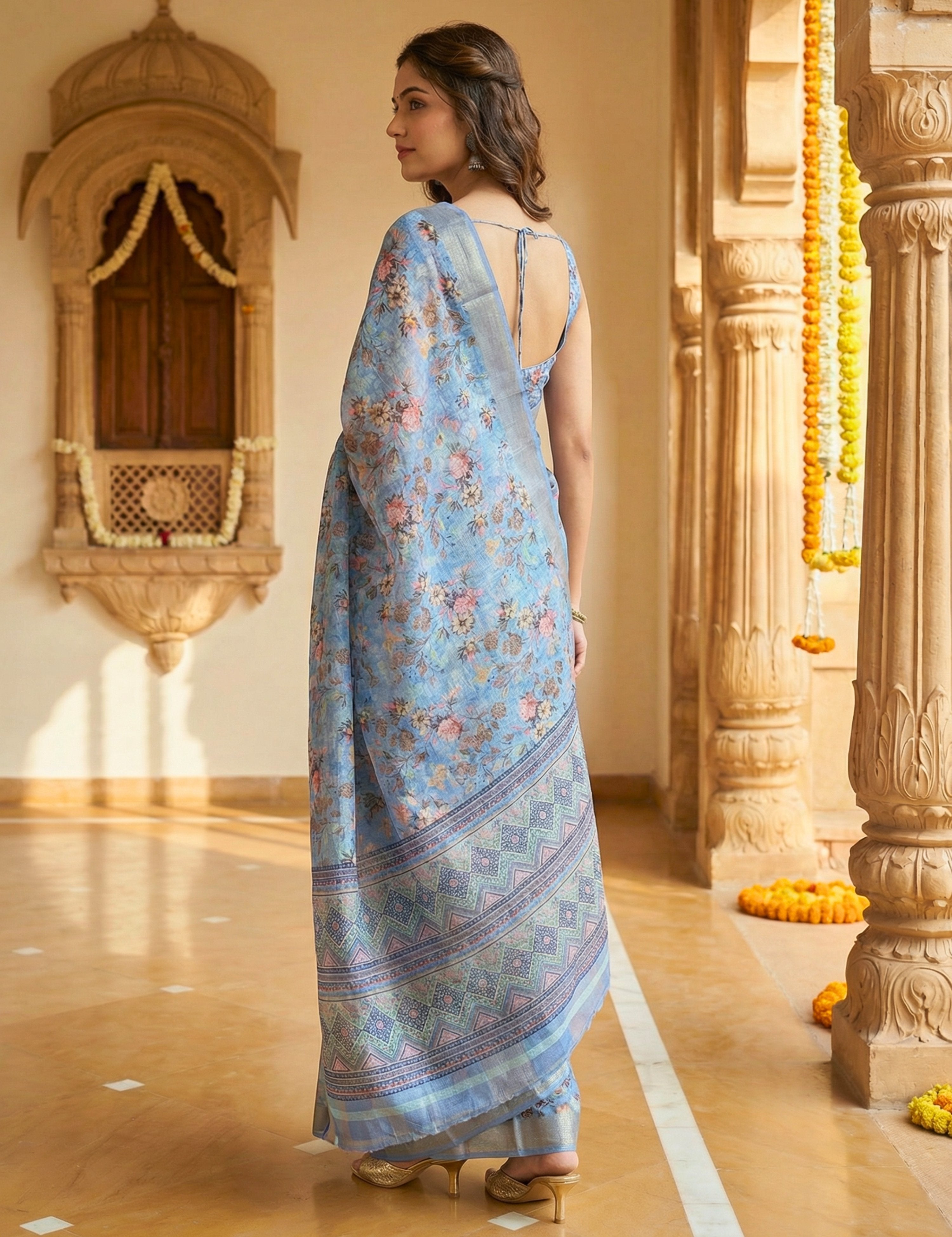 Floral Linen Blend Saree