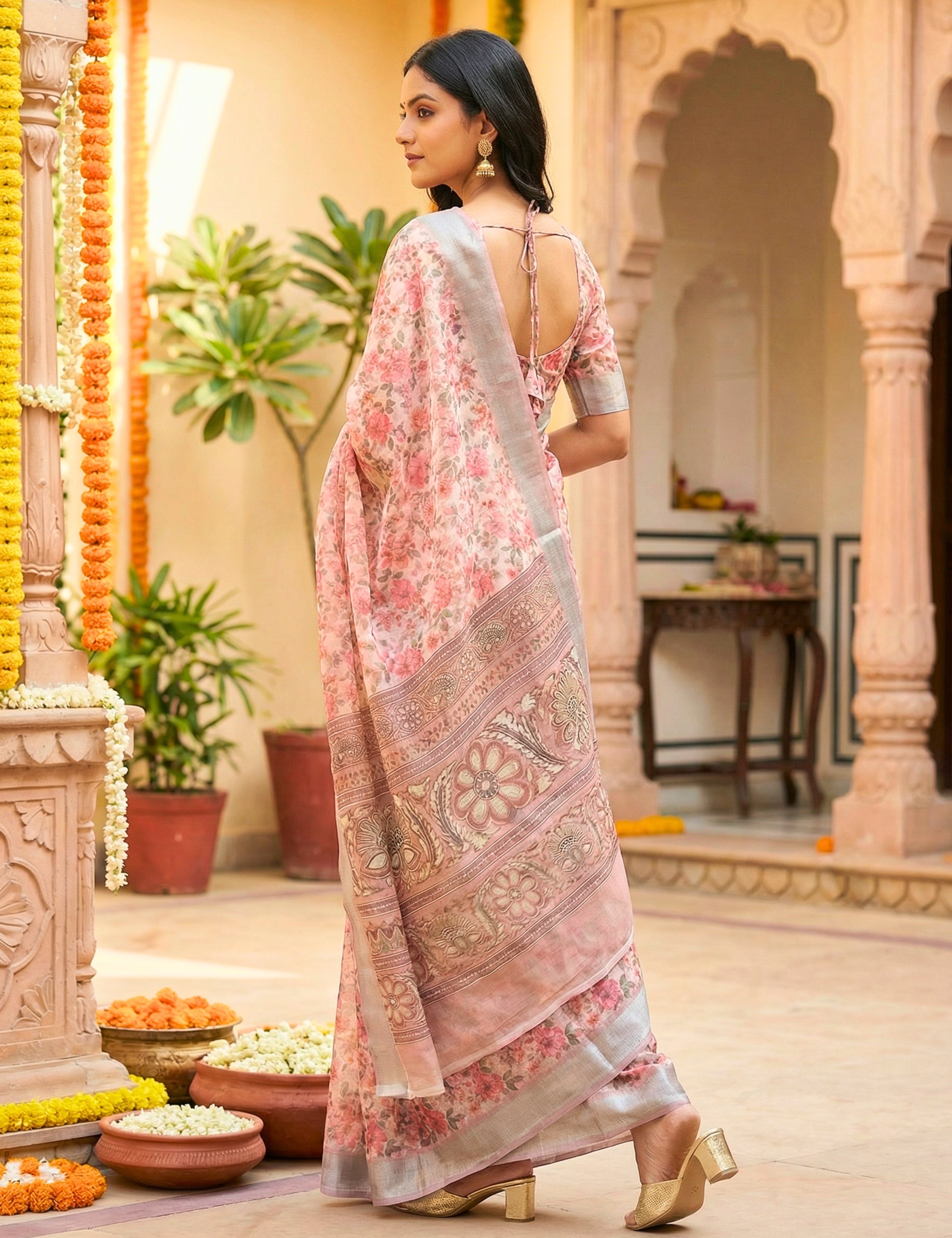 Floral Linen Blend Saree