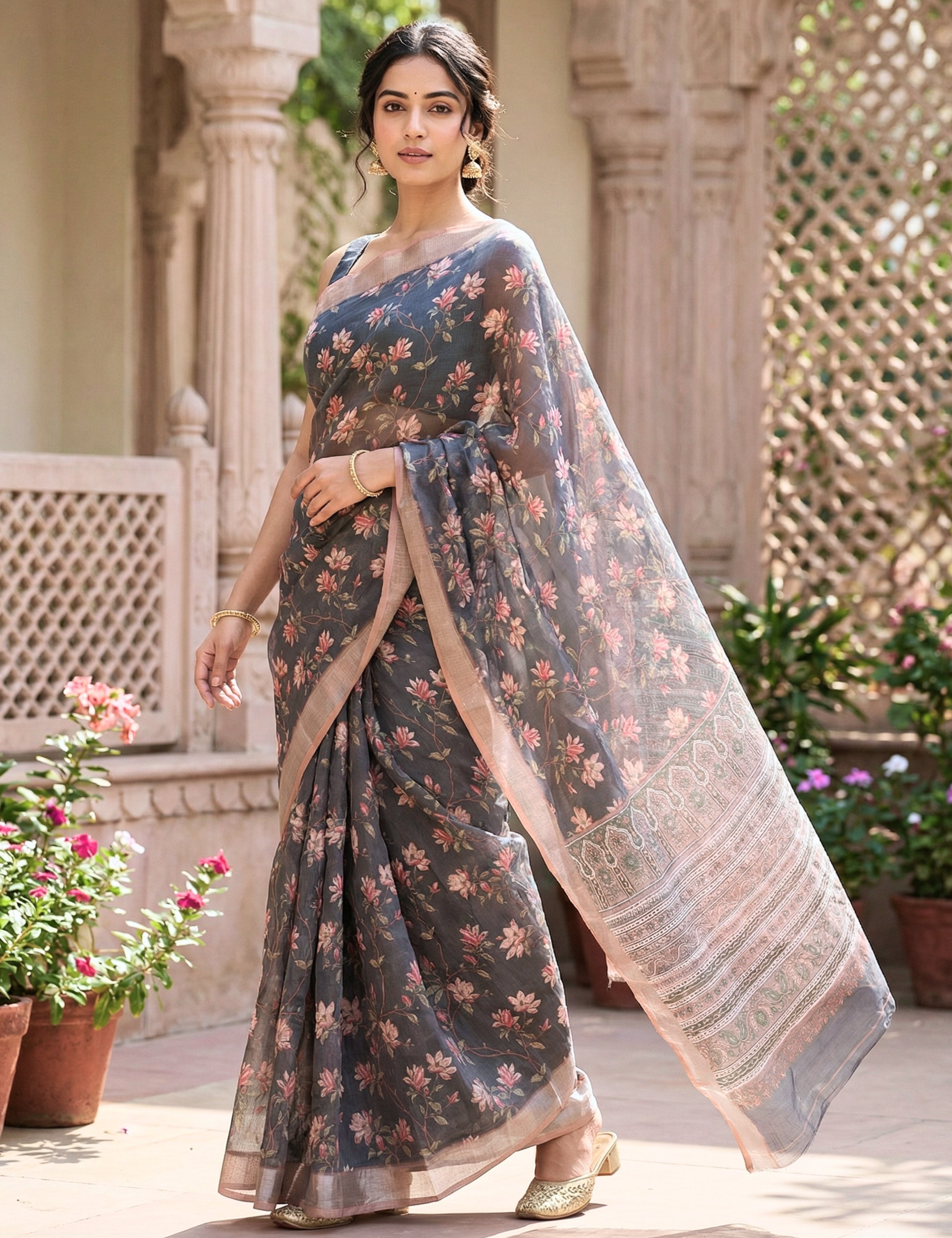Floral Linen Blend Saree