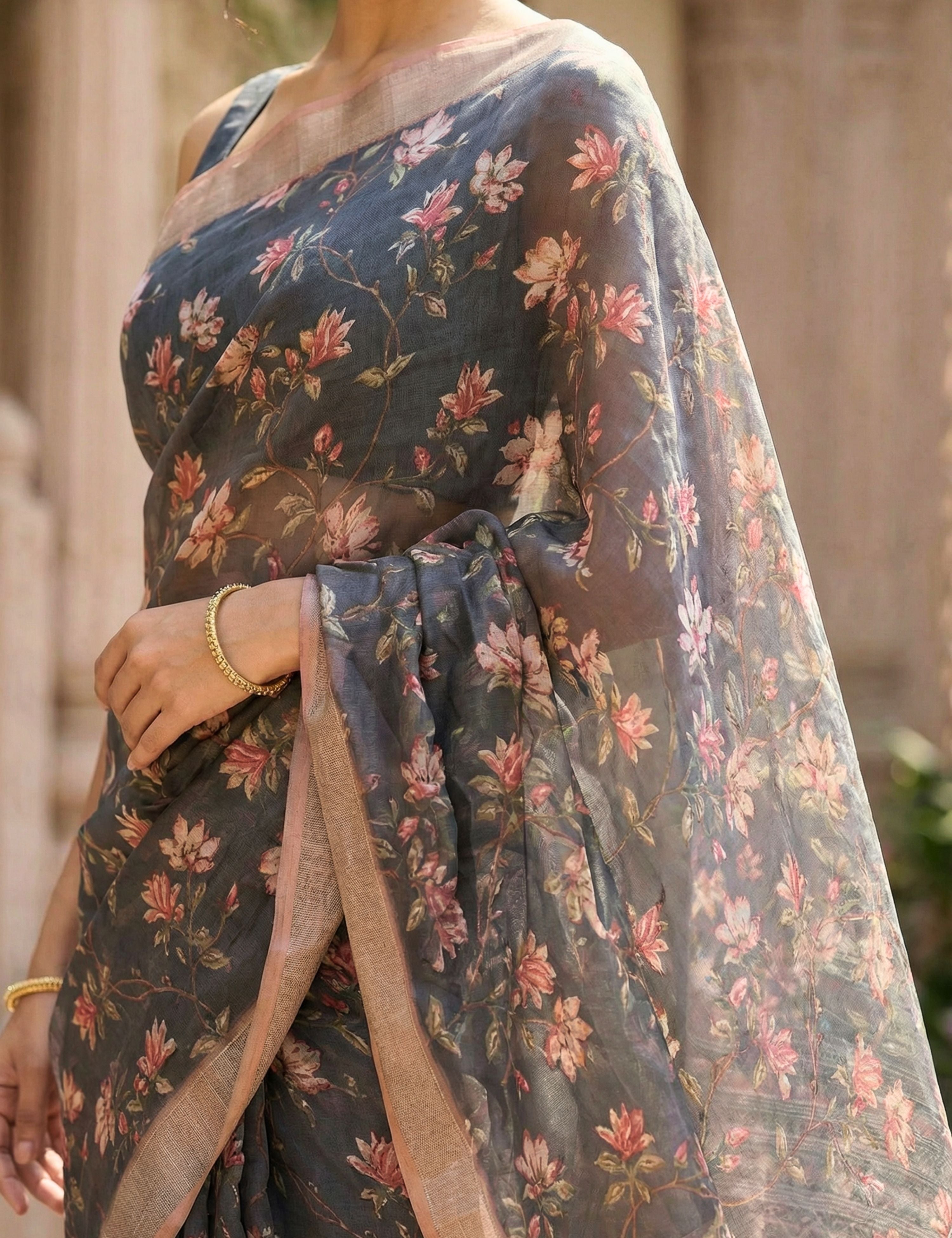Floral Linen Blend Saree