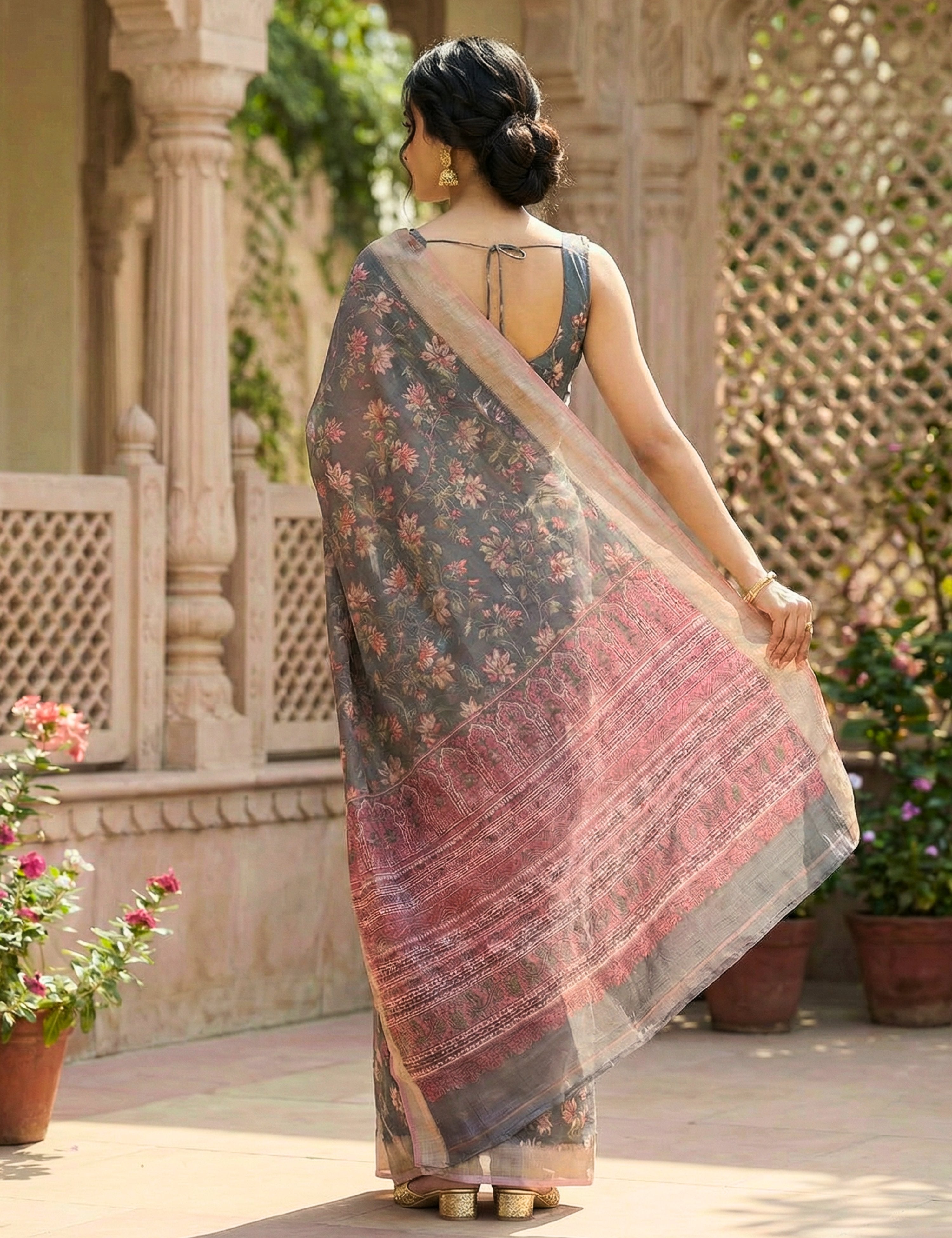 Floral Linen Blend Saree
